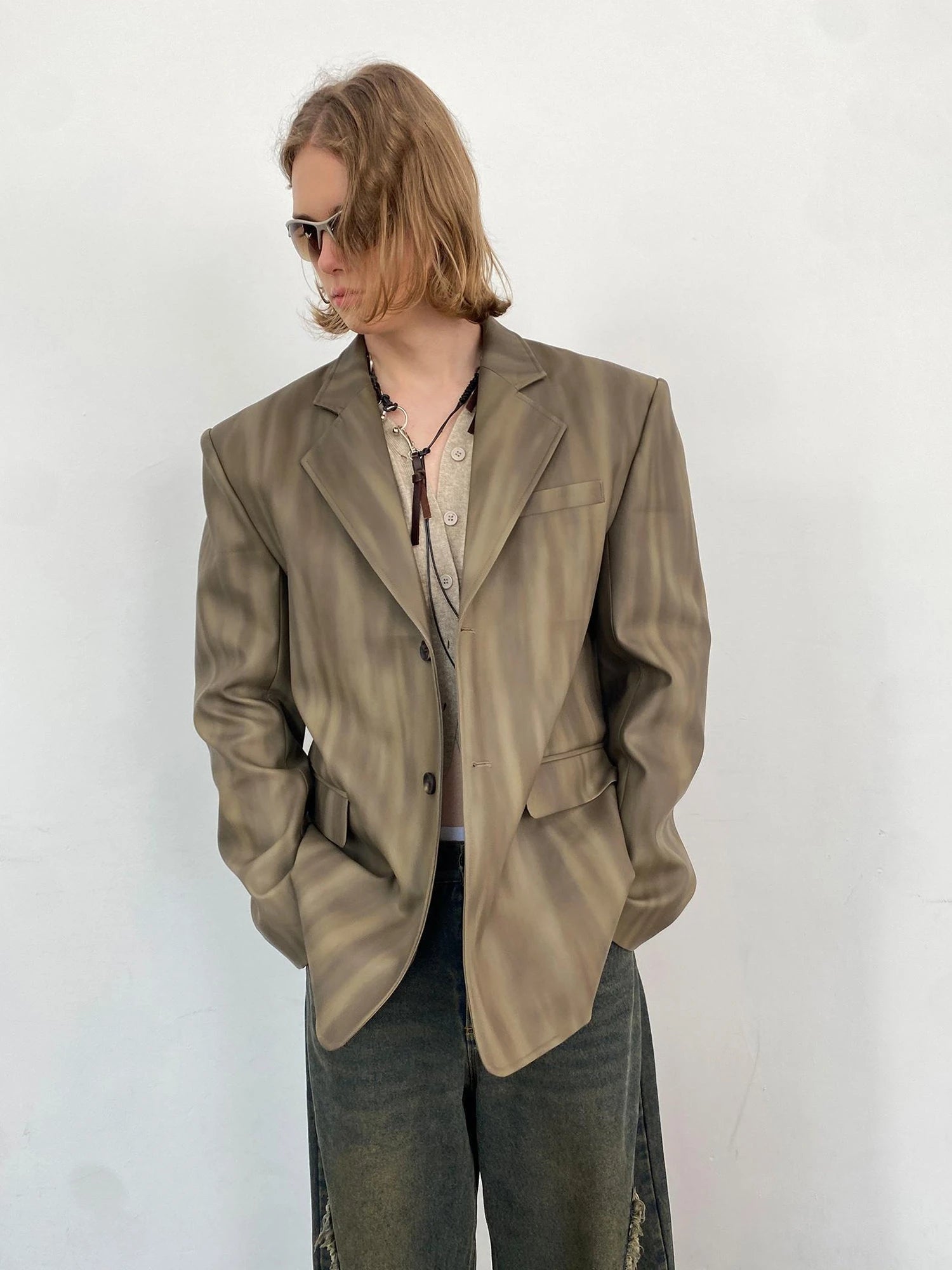 Distressed Brown Green Ombre Leather Blazer And PU Skirt Set