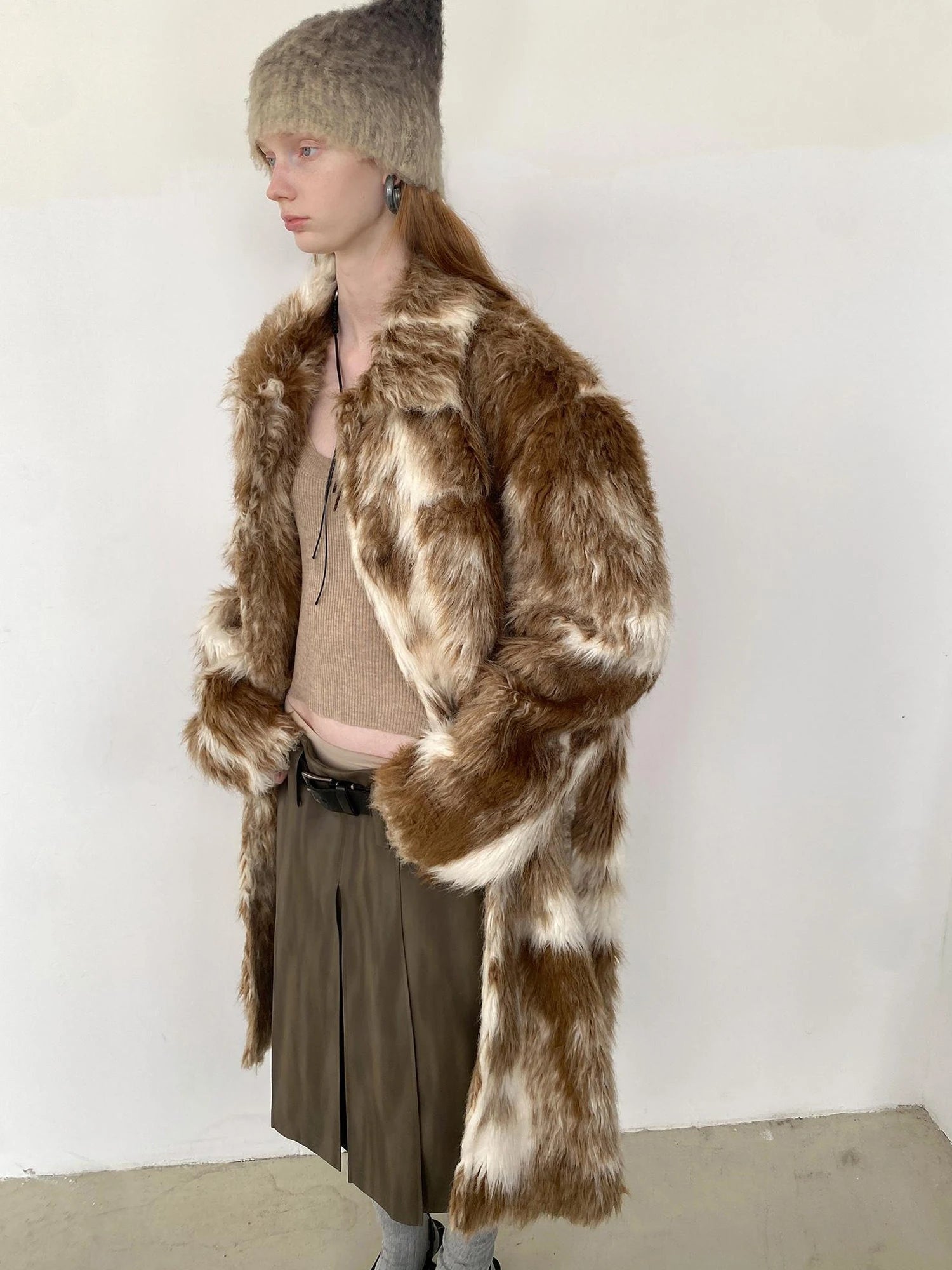 Distressed Brown Green Ombre Leather Blazer And PU Skirt Set