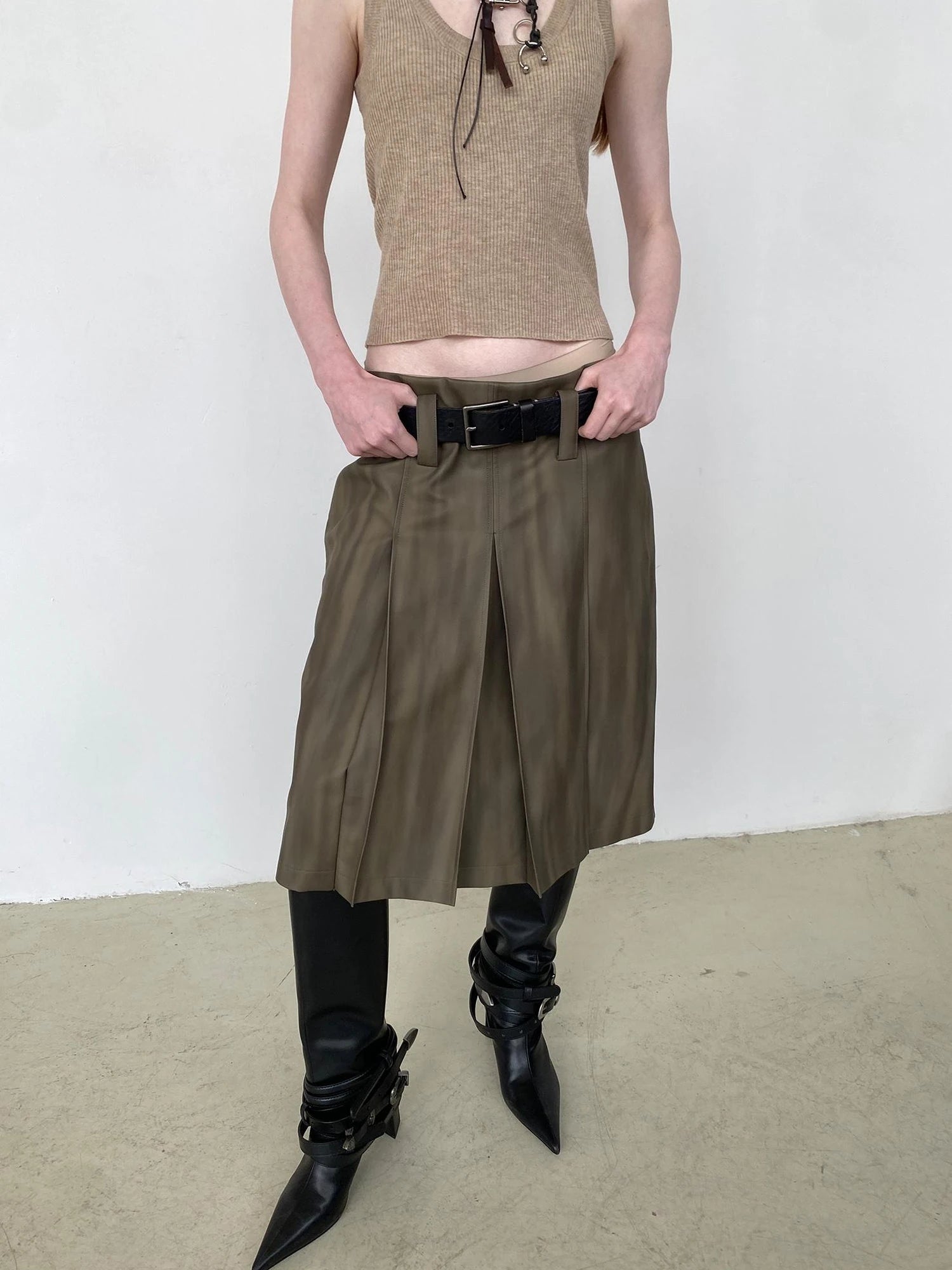 Distressed Brown Green Ombre Leather Blazer And PU Skirt Set