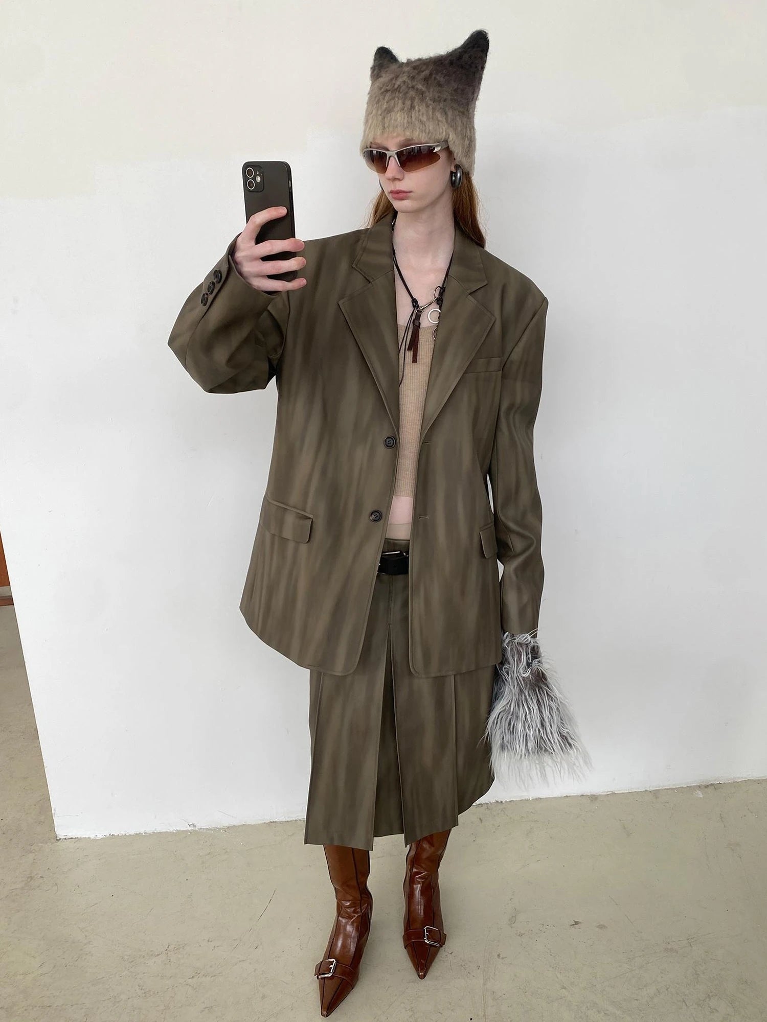 Distressed Brown Green Ombre Leather Blazer And PU Skirt Set