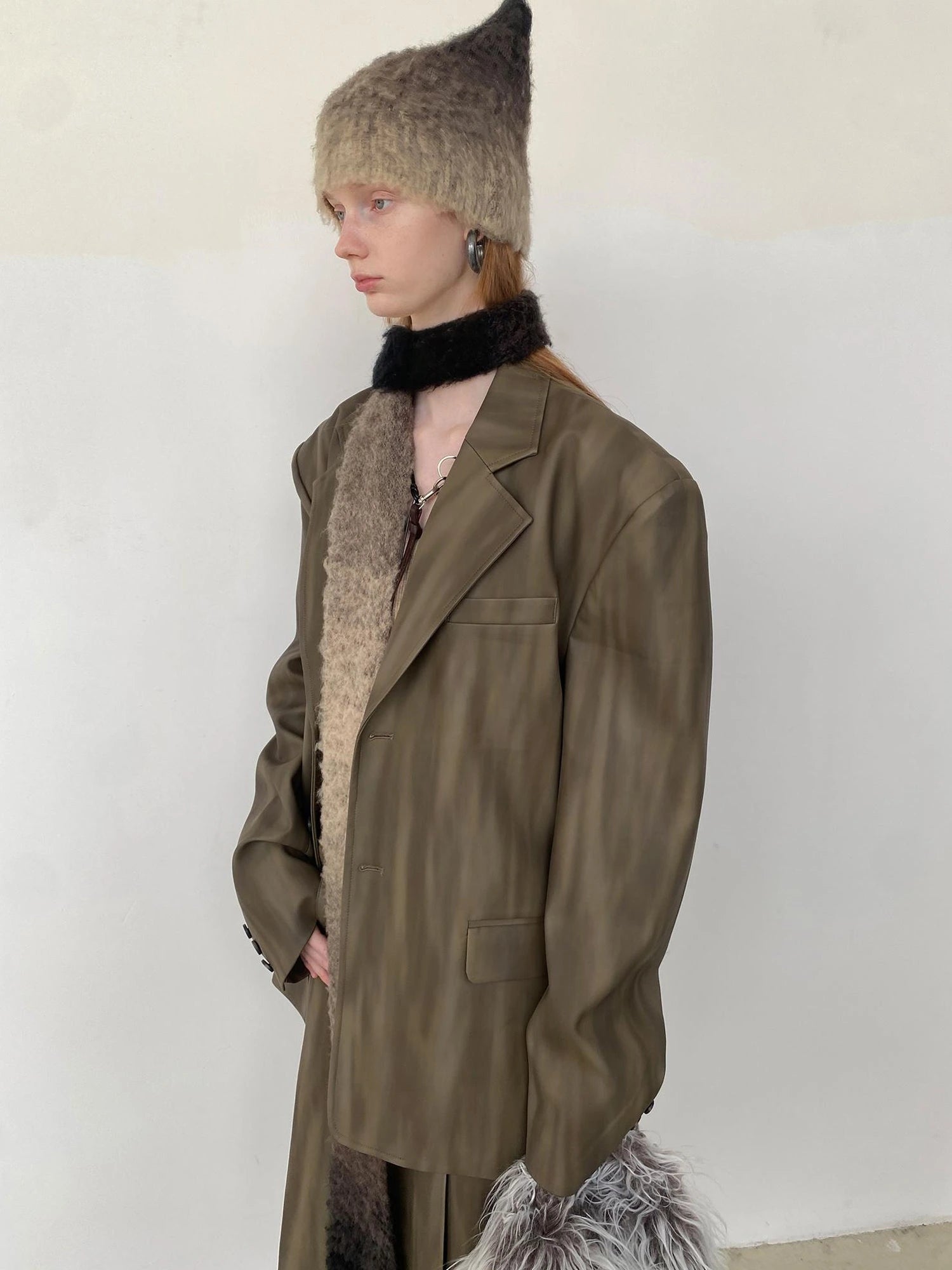 Distressed Brown Green Ombre Leather Blazer And PU Skirt Set