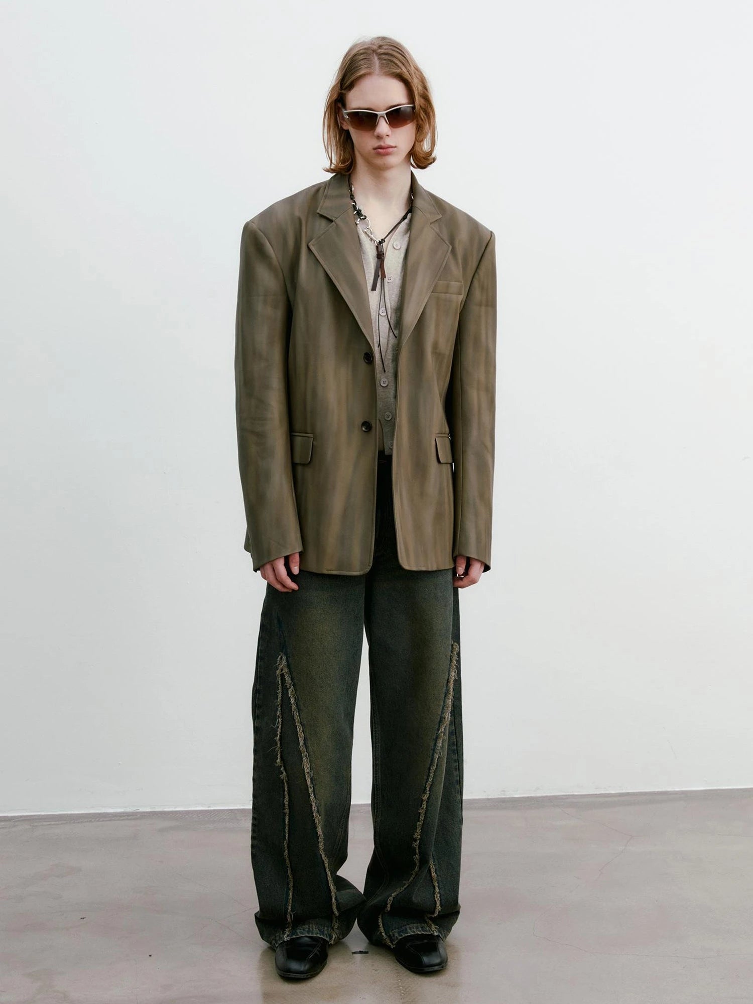 Distressed Brown Green Ombre Leather Blazer And PU Skirt Set