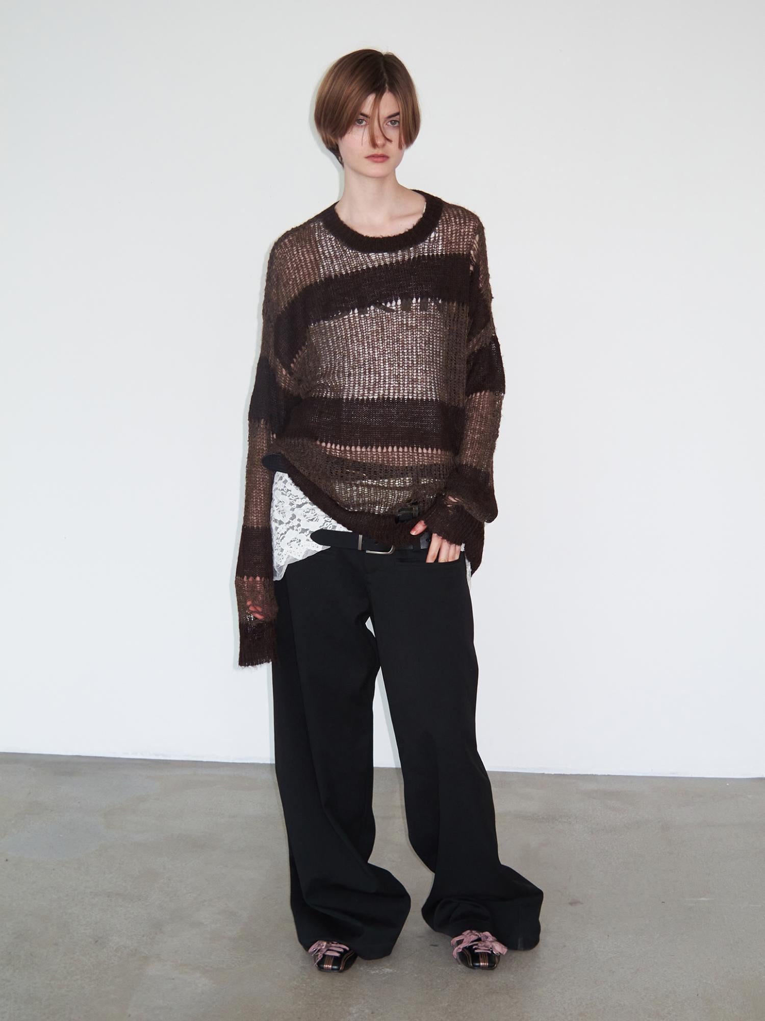 Delivery Distressed Knit Sweater With Brown Striped Texture