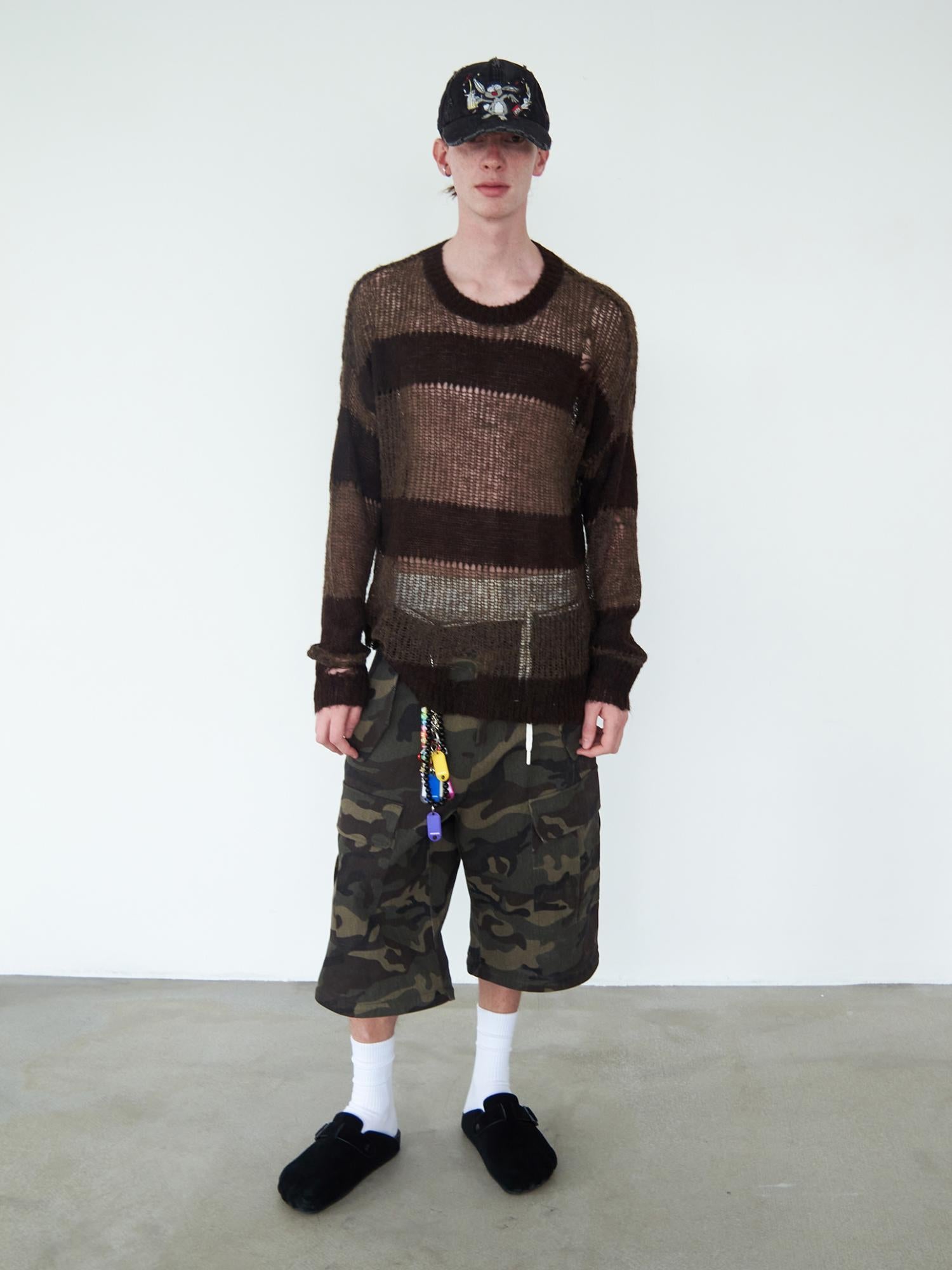 Delivery Distressed Knit Sweater With Brown Striped Texture