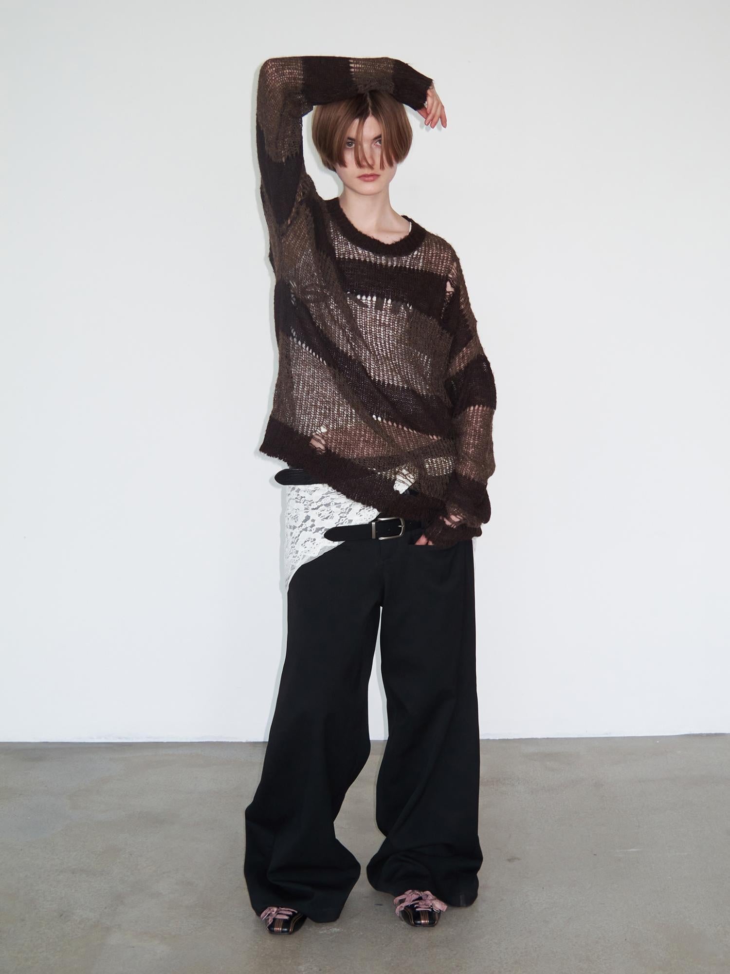 Delivery Distressed Knit Sweater With Brown Striped Texture