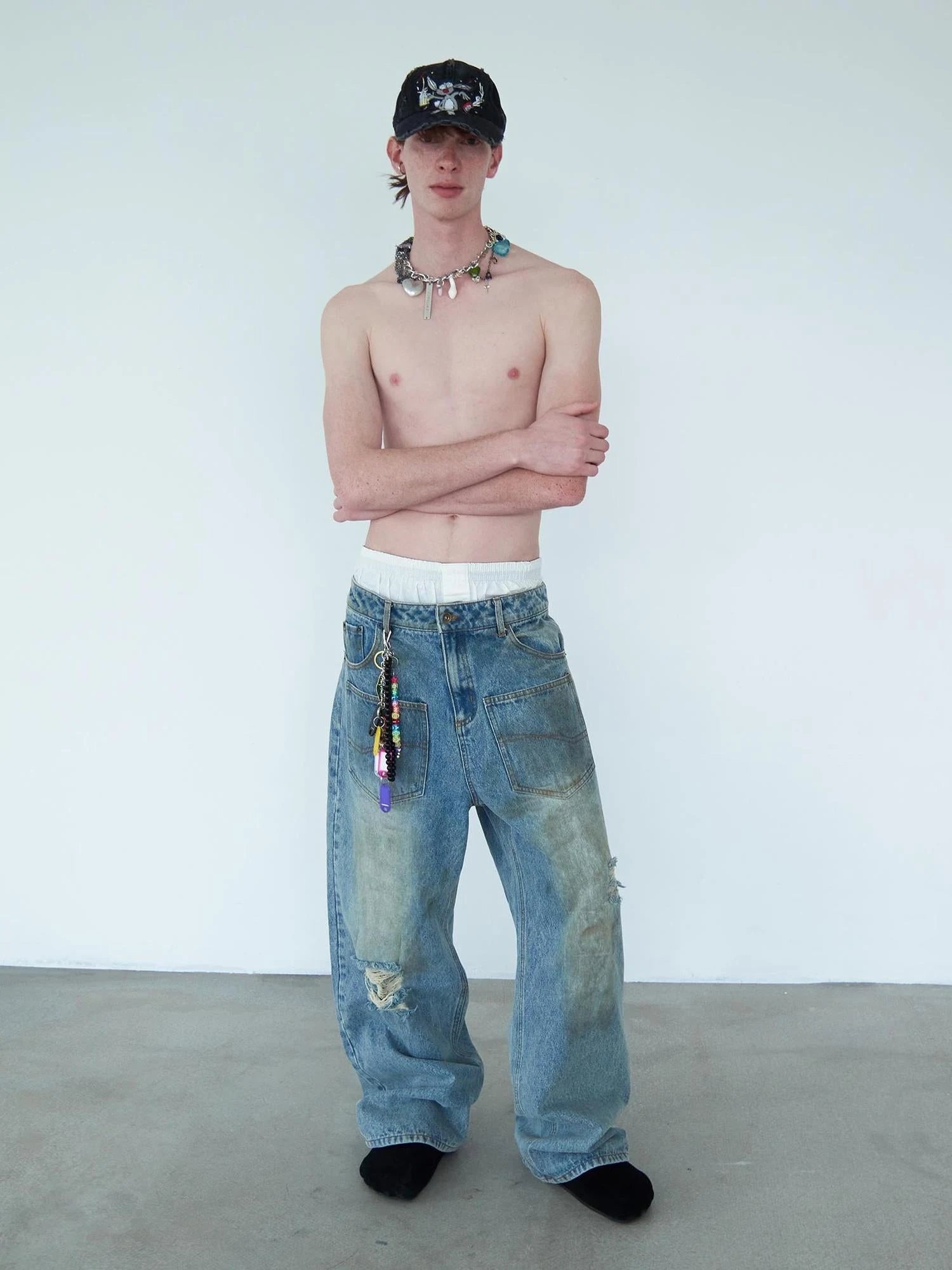 Distressed Mud Dyed Washed Blue Denim Pants With Multi Pockets