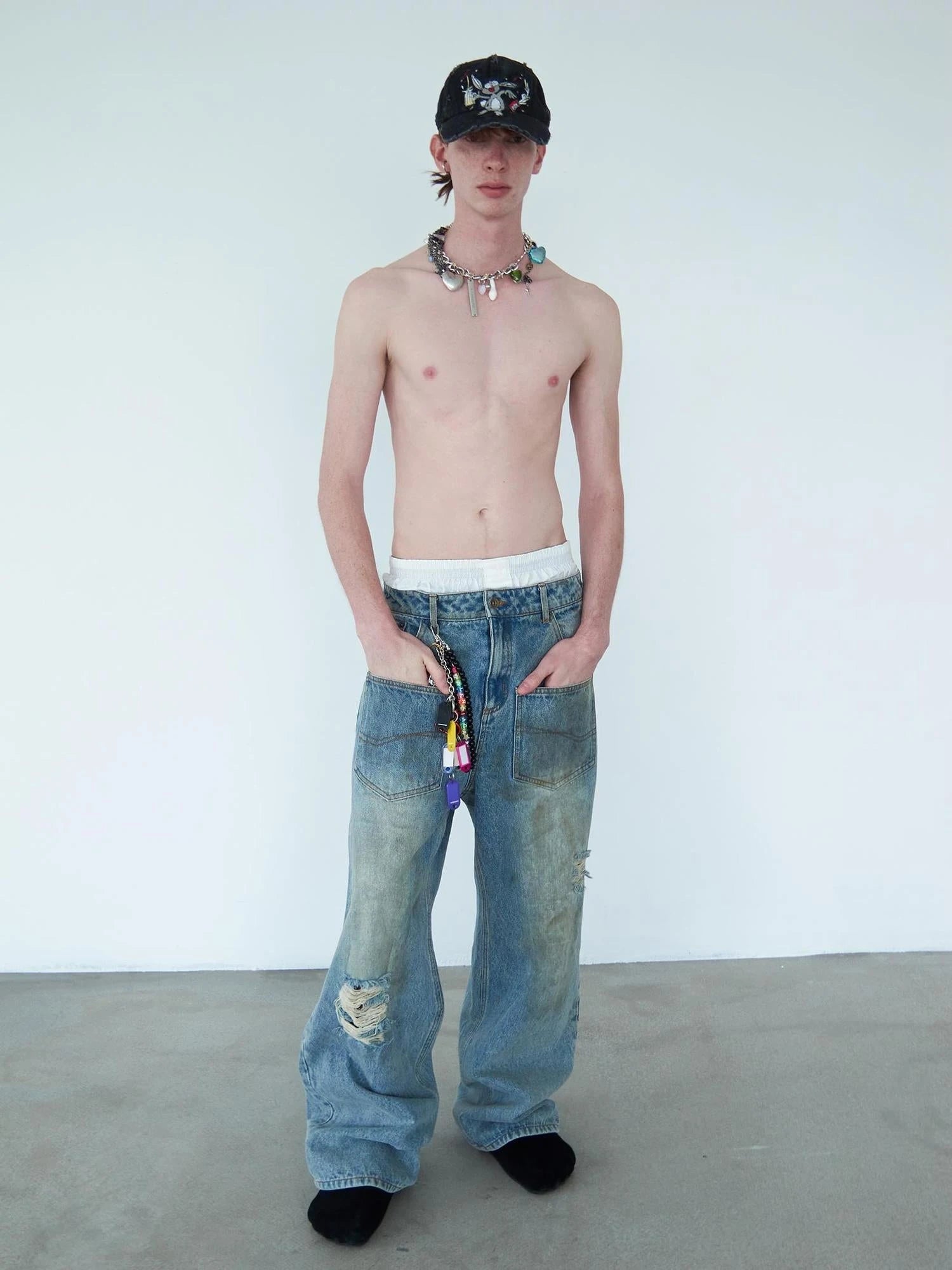 Distressed Mud Dyed Washed Blue Denim Pants With Multi Pockets