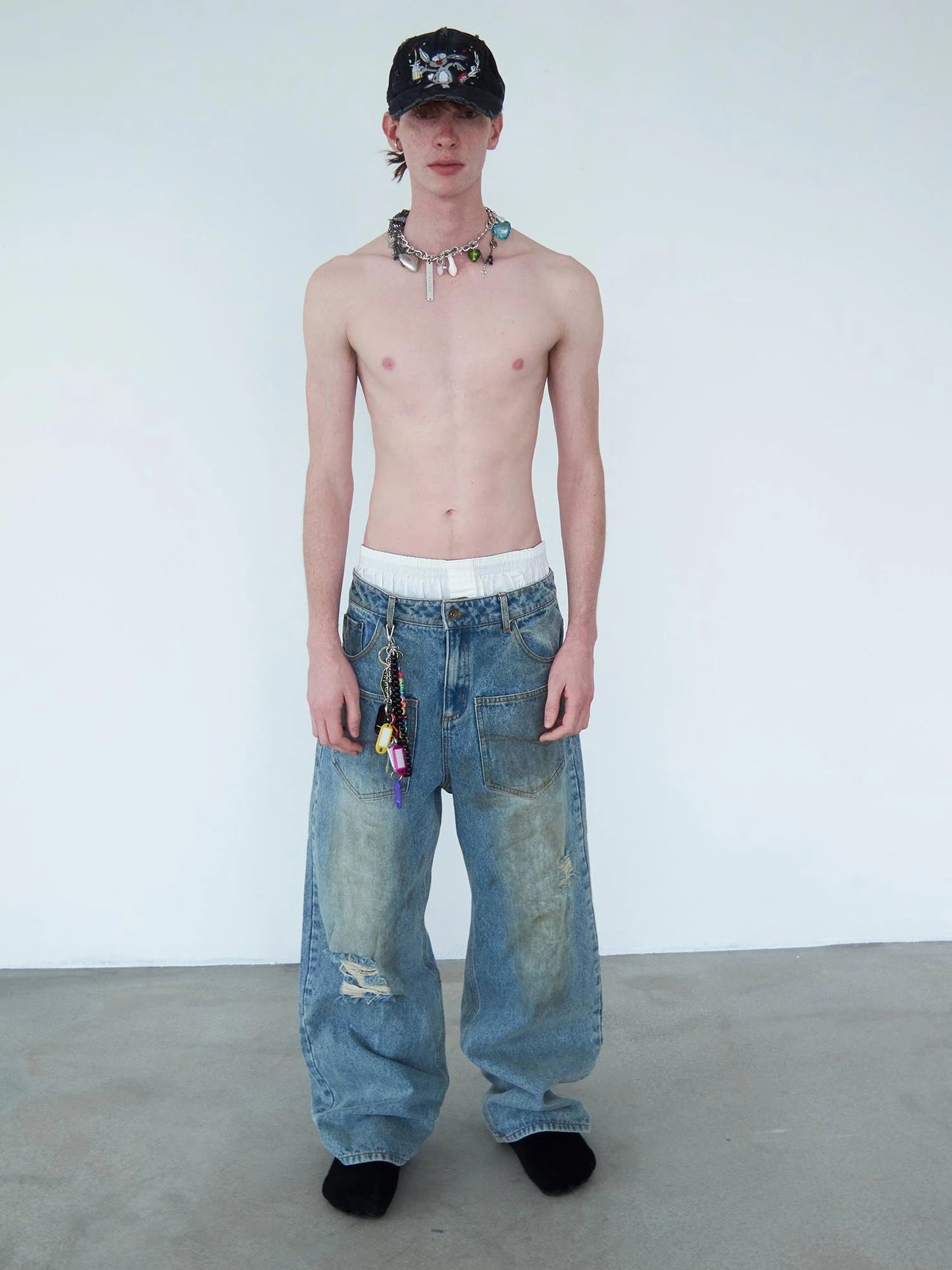 Distressed Mud Dyed Washed Blue Denim Pants With Multi Pockets