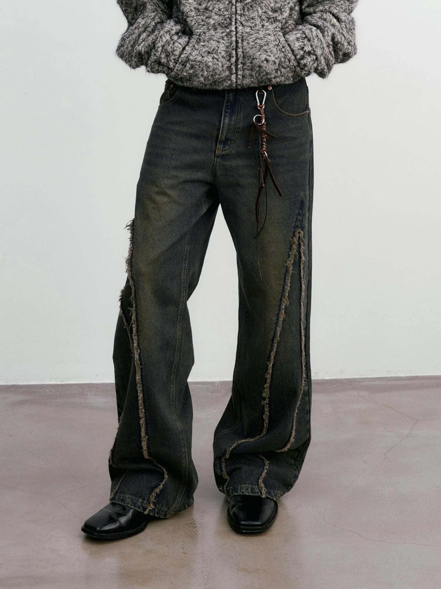 Distressed Washed Blue Denim Jeans With Frayed Hem