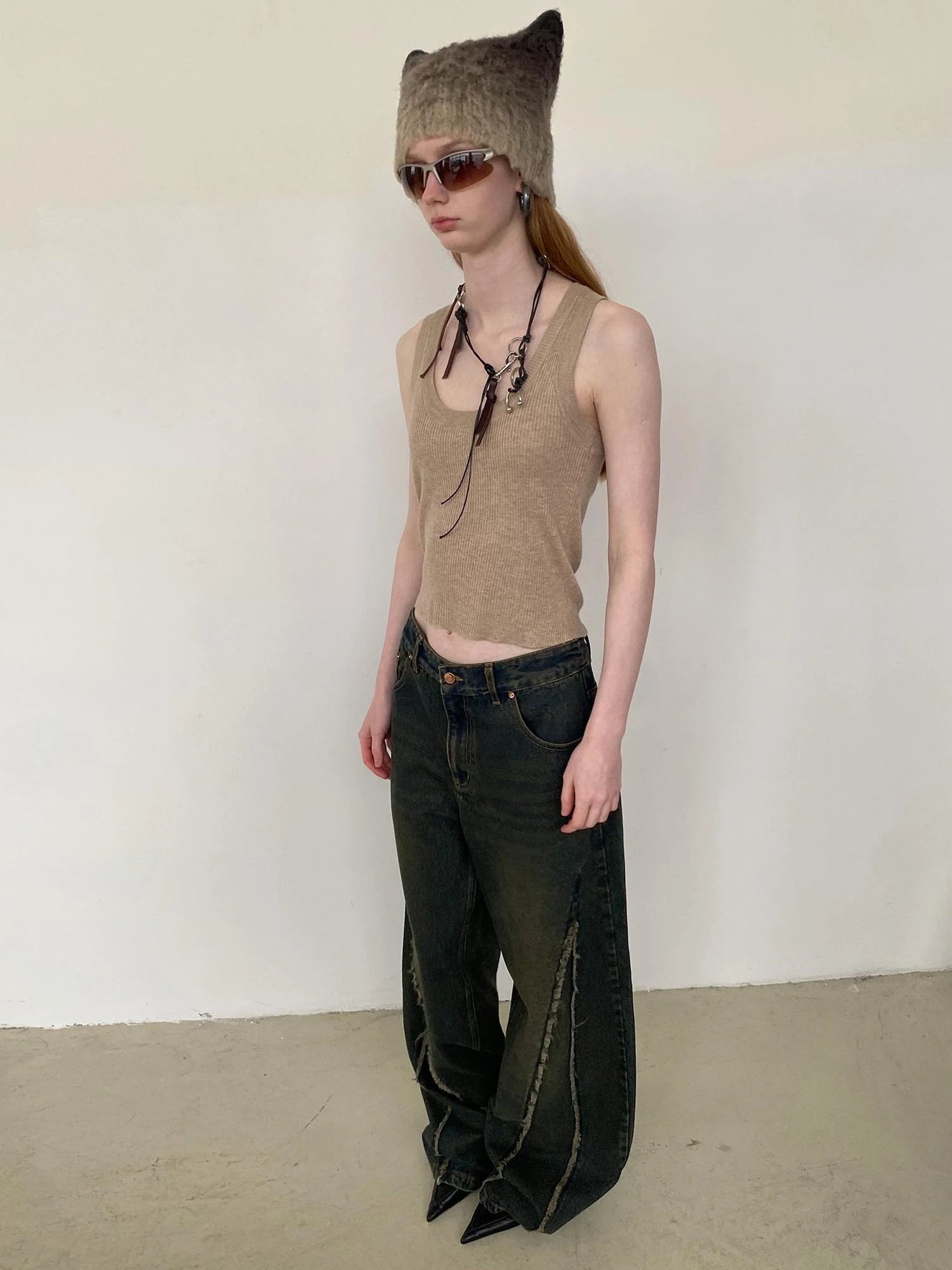 Distressed Washed Blue Denim Jeans With Frayed Hem