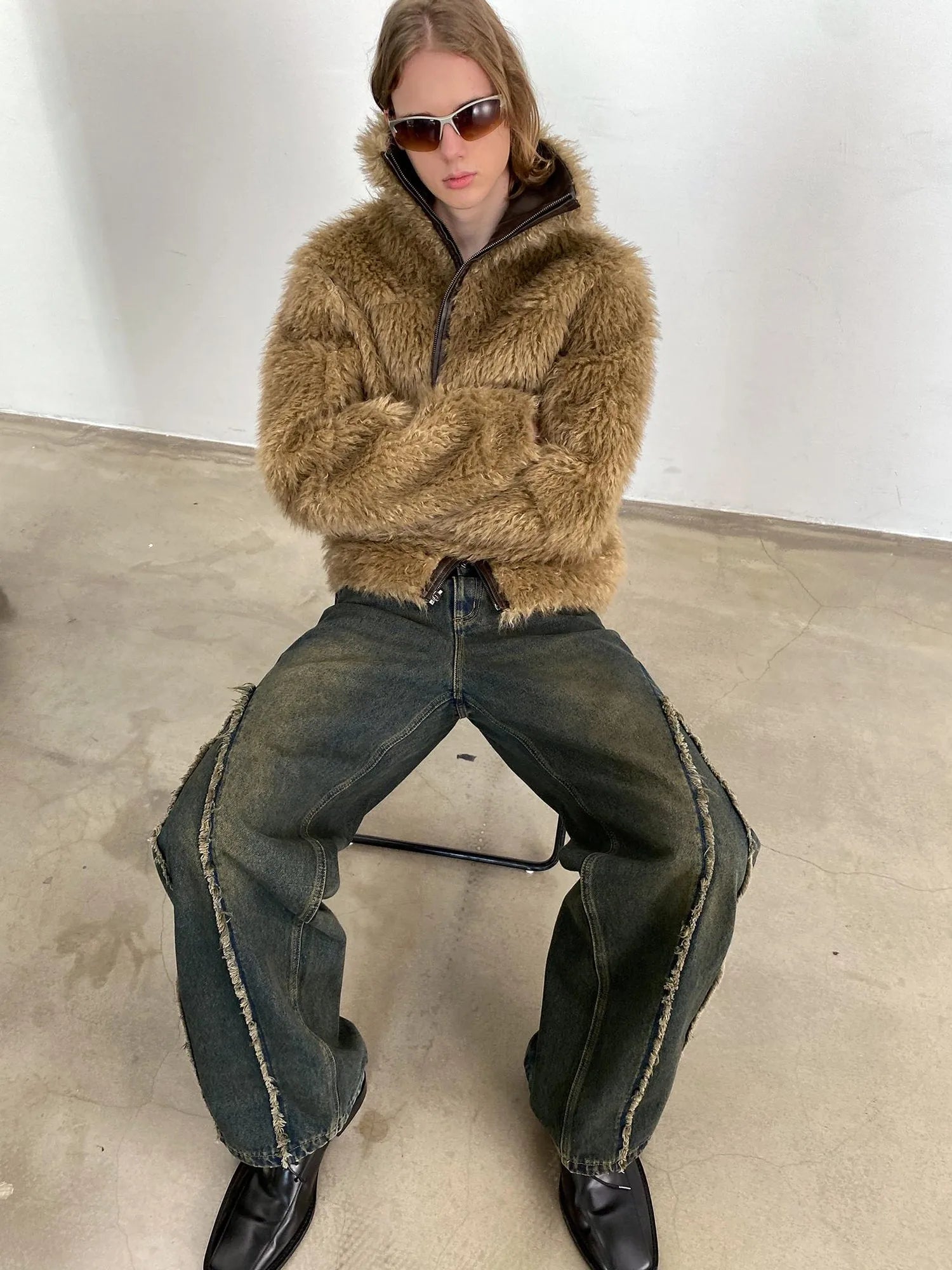 Distressed Washed Blue Denim Jeans With Frayed Hem