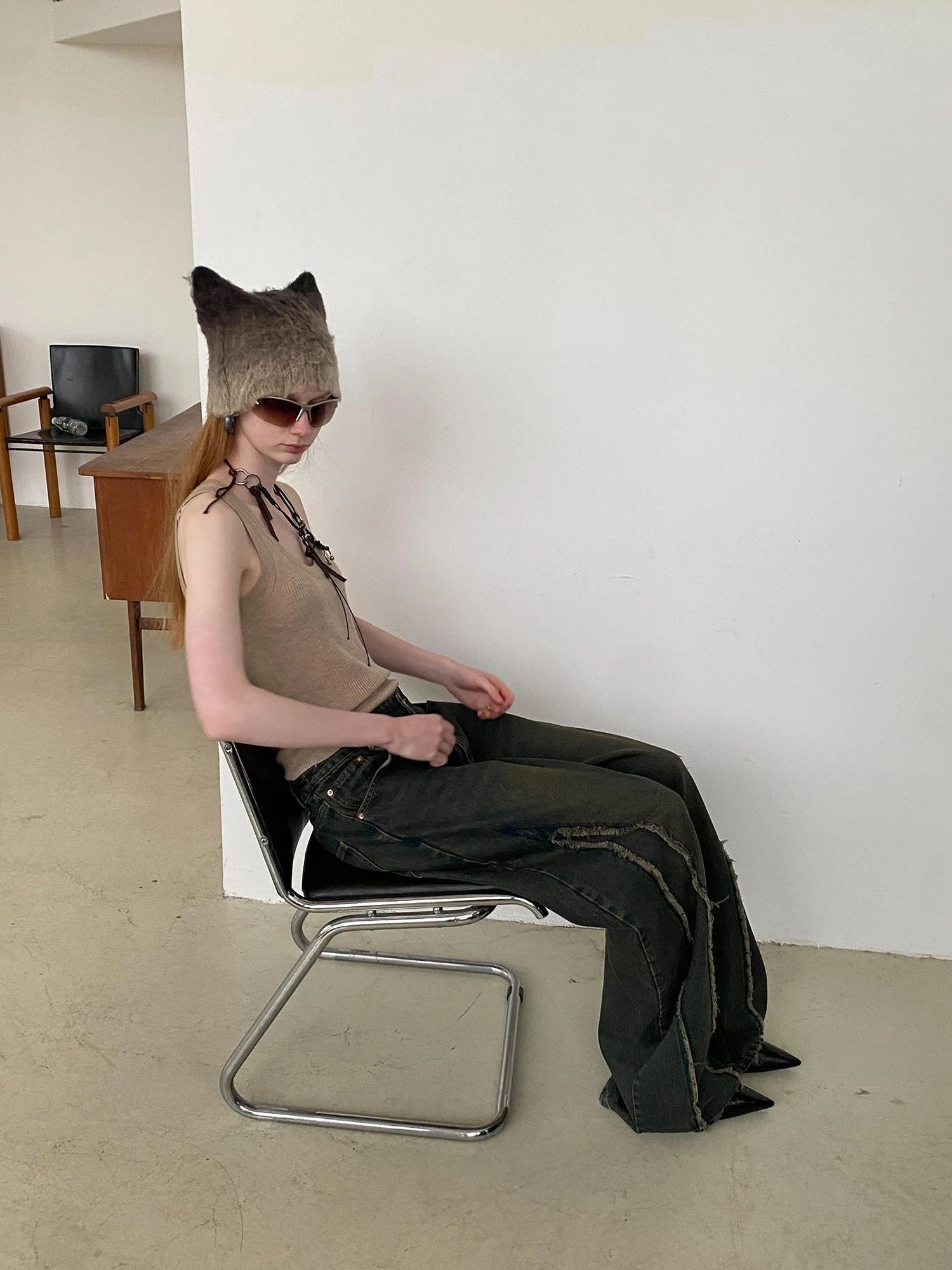 Distressed Washed Blue Denim Jeans With Frayed Hem