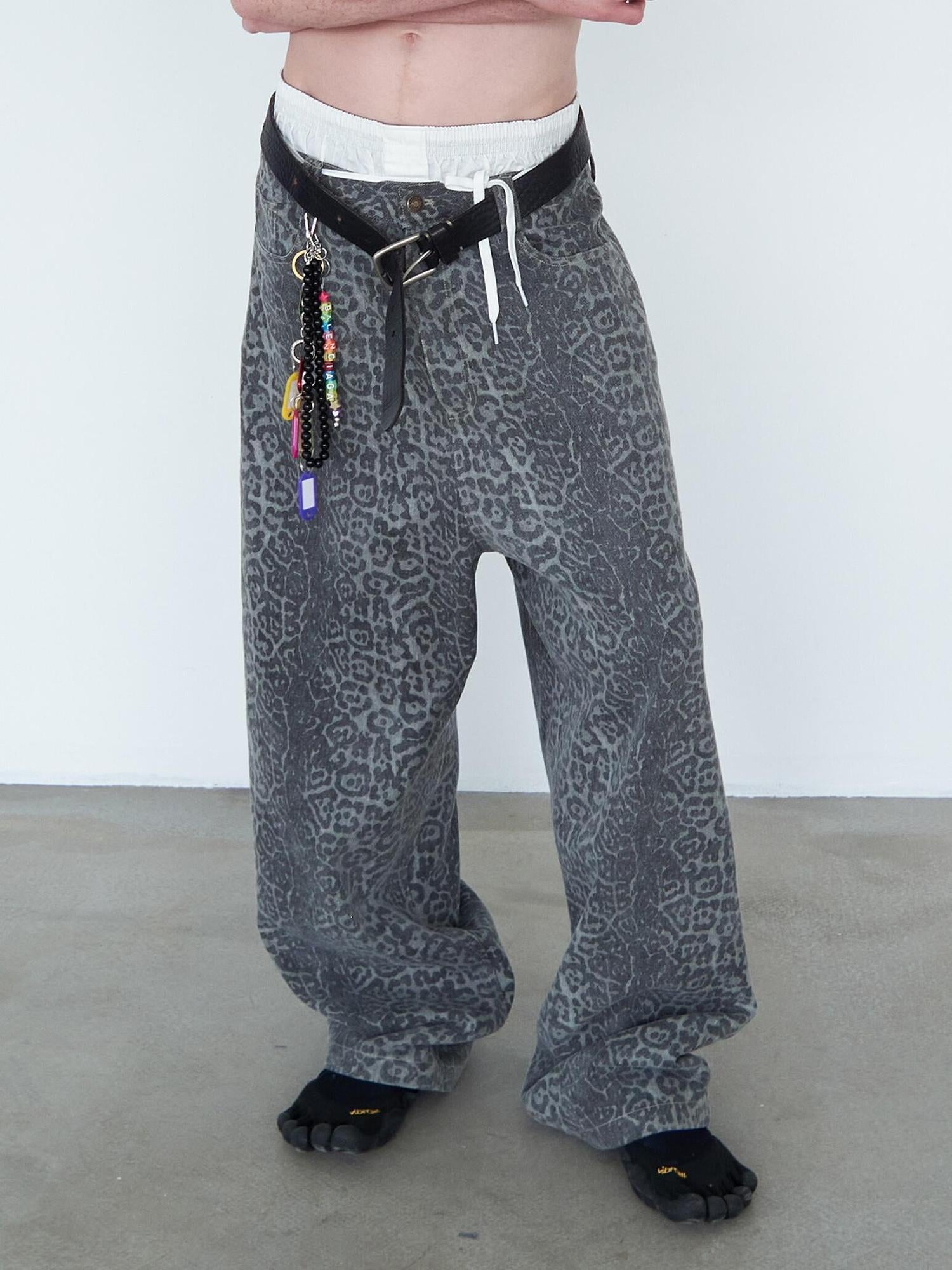 Delivery Distressed Washed Grey Leopard Print Baggy Denim Pants