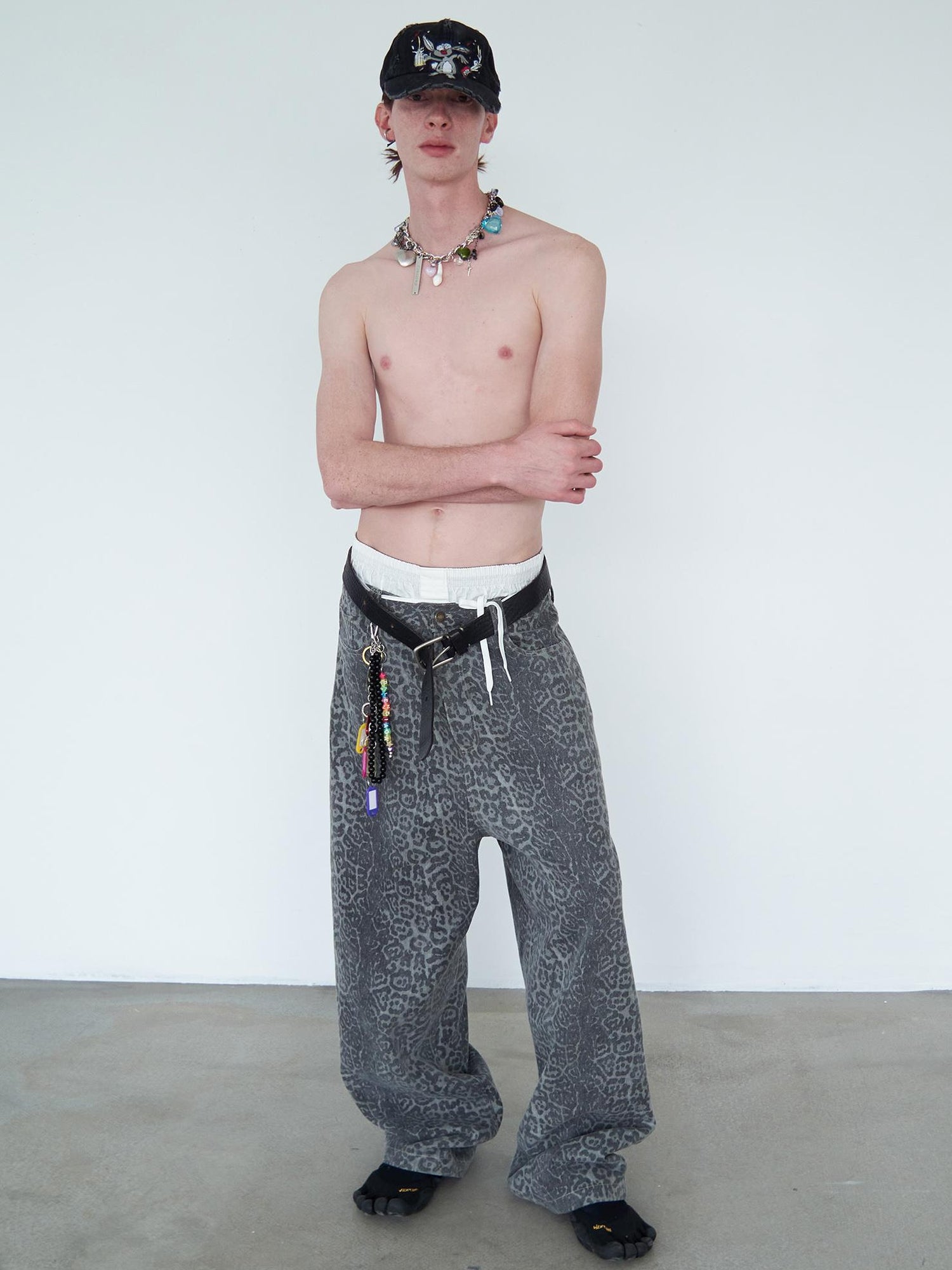 Delivery Distressed Washed Grey Leopard Print Baggy Denim Pants