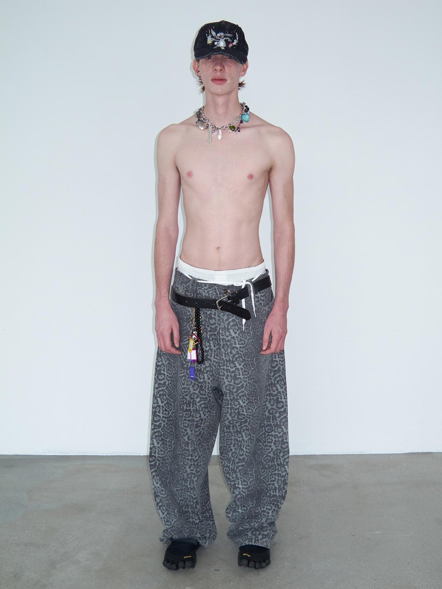 Delivery Distressed Washed Grey Leopard Print Baggy Denim Pants