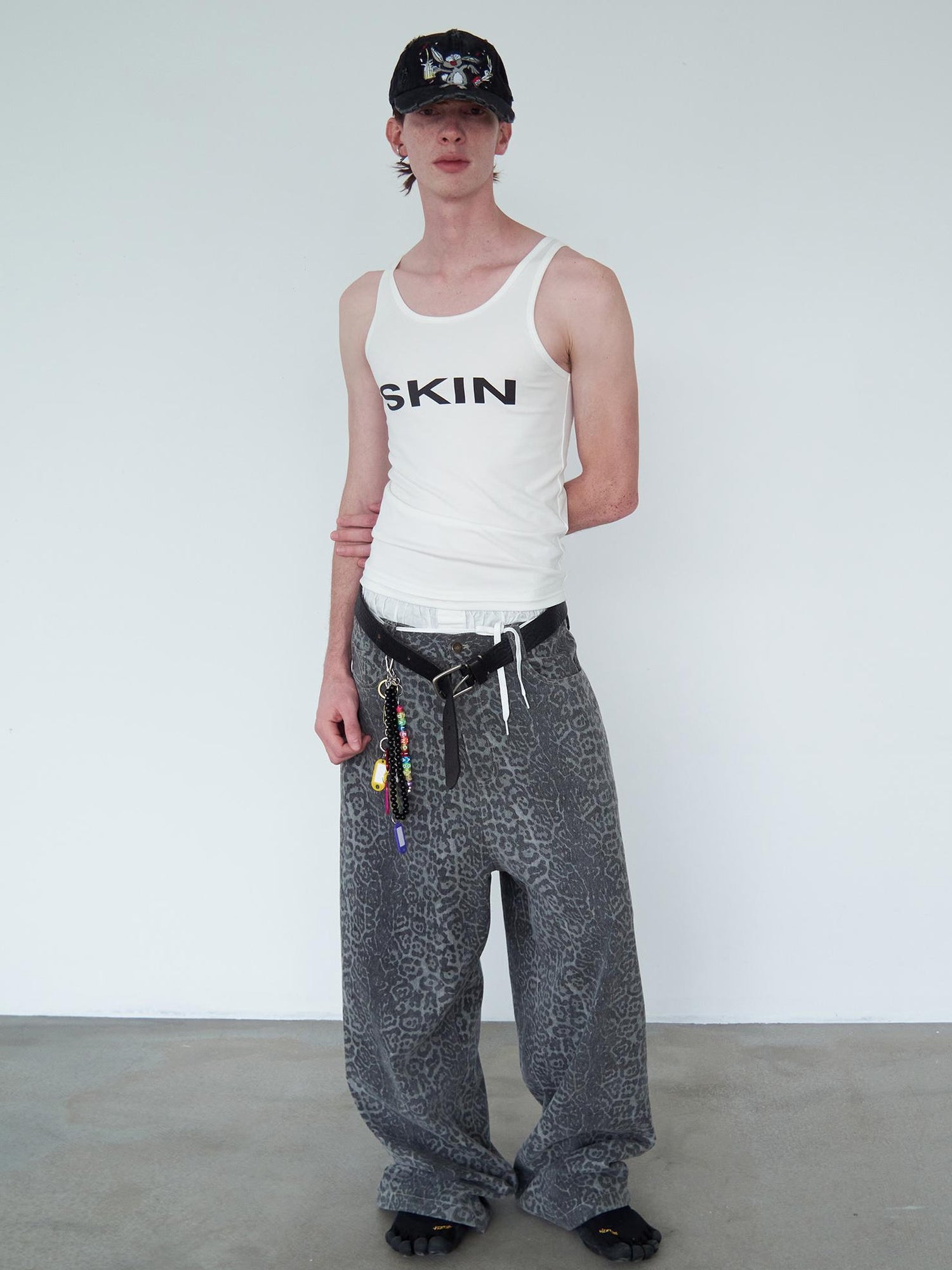 Delivery Distressed Washed Grey Leopard Print Baggy Denim Pants