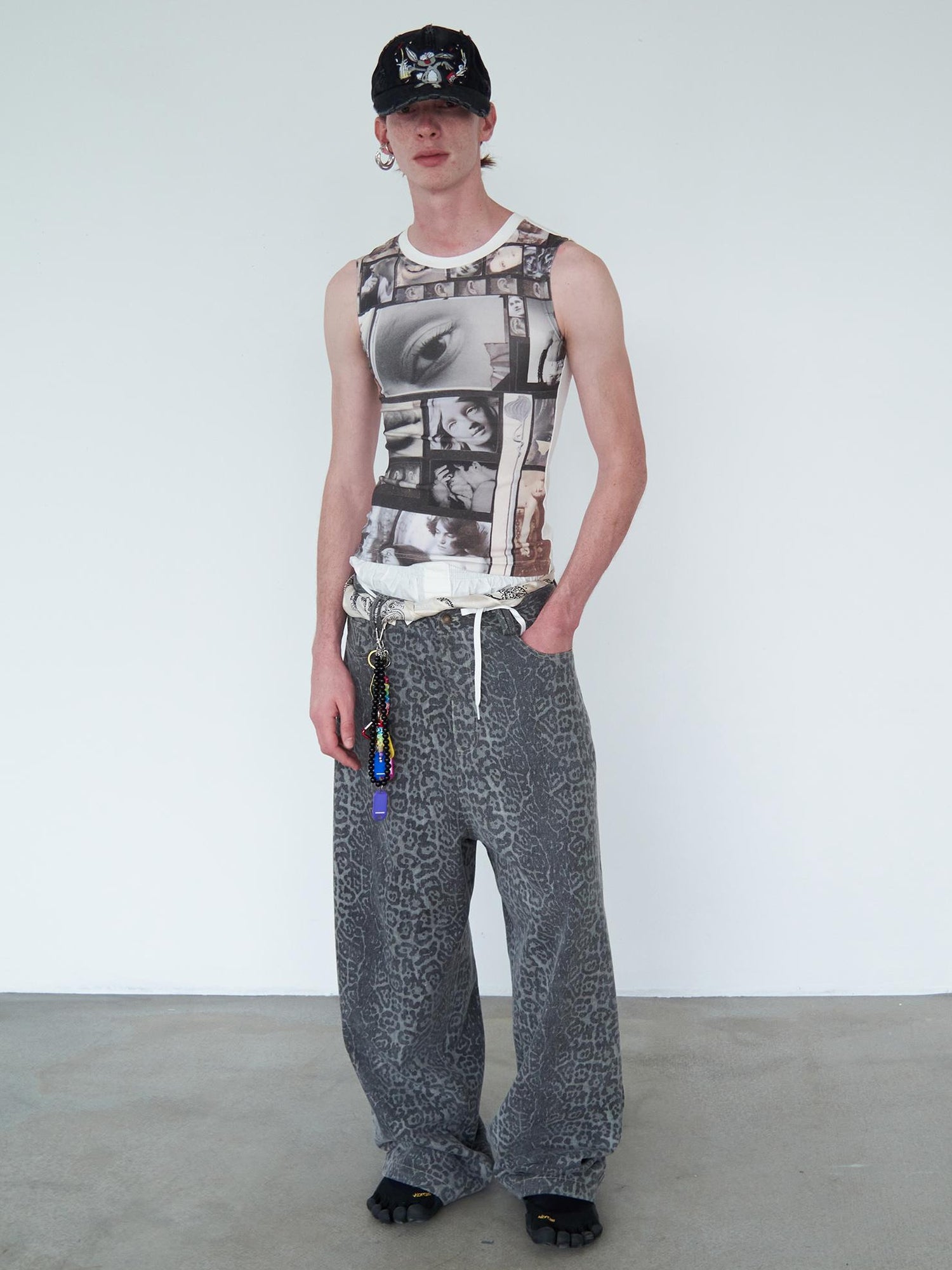 Delivery Distressed Washed Grey Leopard Print Baggy Denim Pants