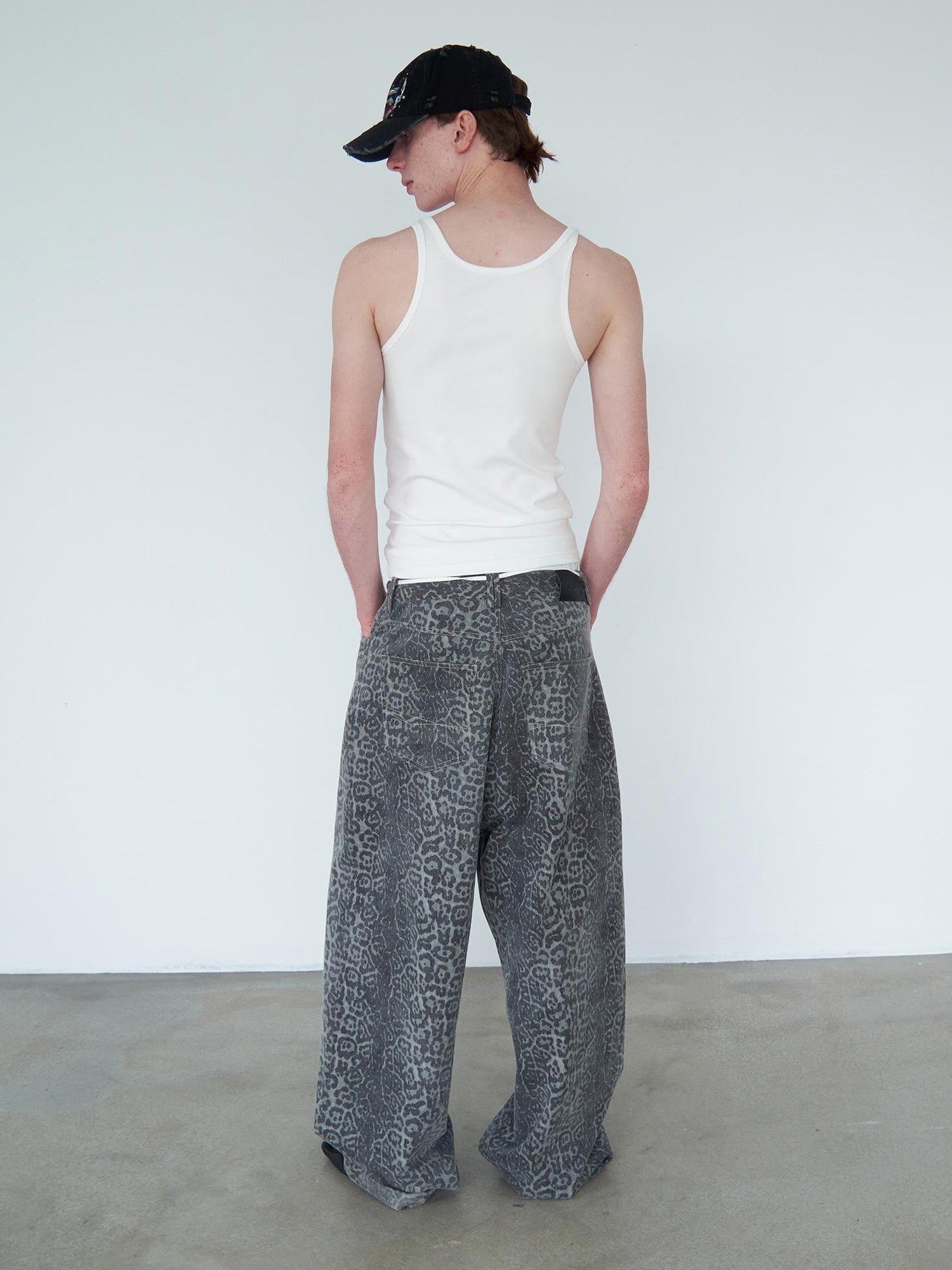 Delivery Distressed Washed Grey Leopard Print Baggy Denim Pants