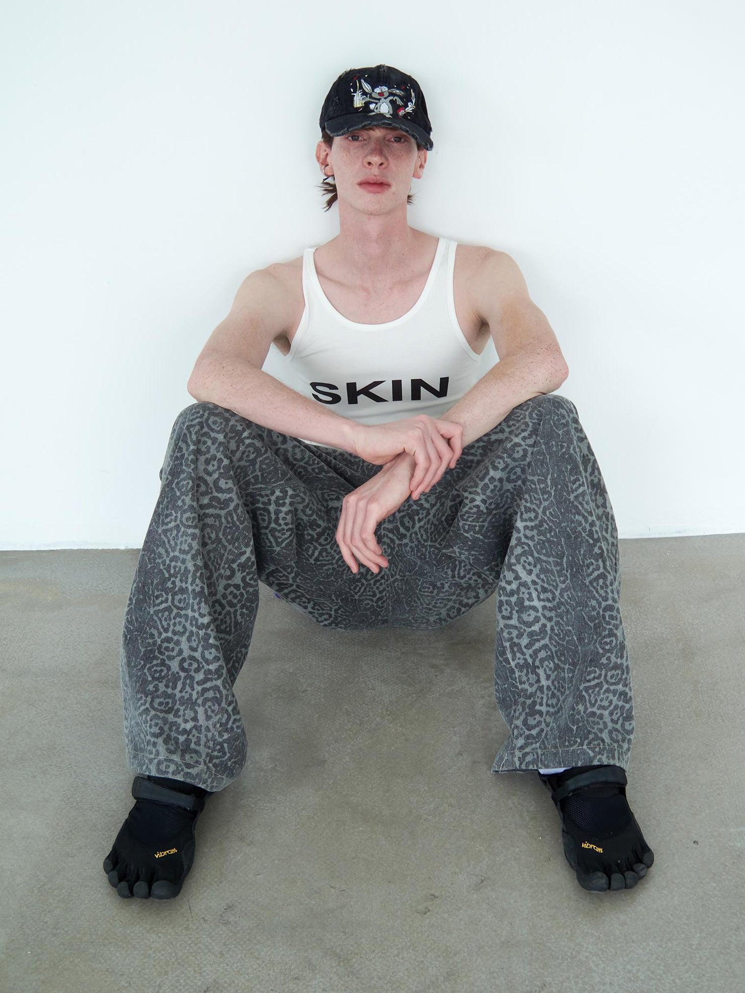 Delivery Distressed Washed Grey Leopard Print Baggy Denim Pants