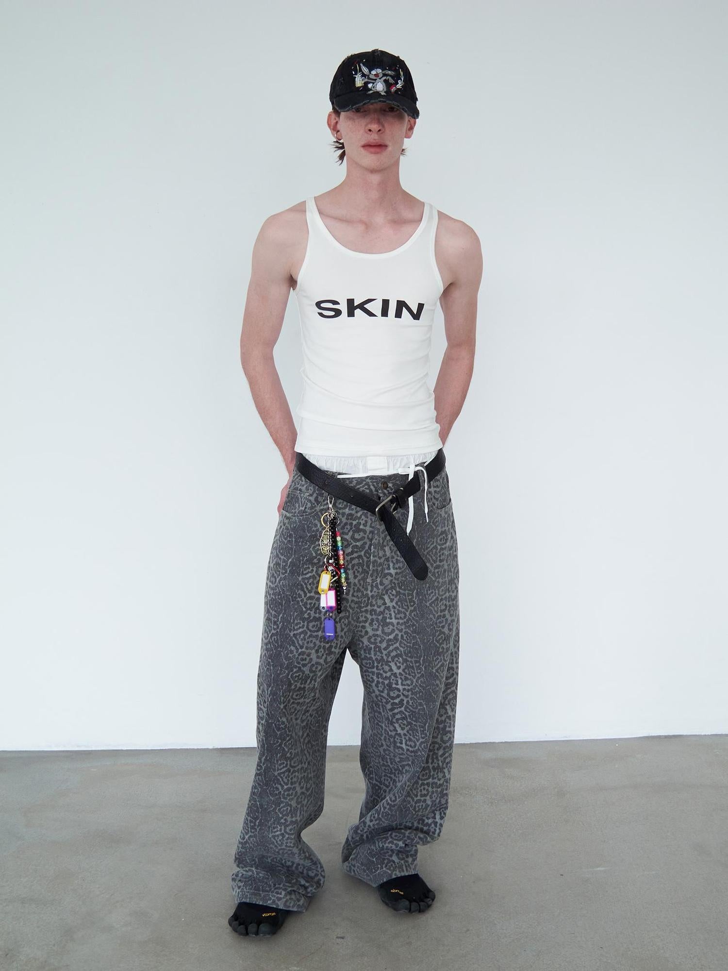 Delivery Distressed Washed Grey Leopard Print Baggy Denim Pants