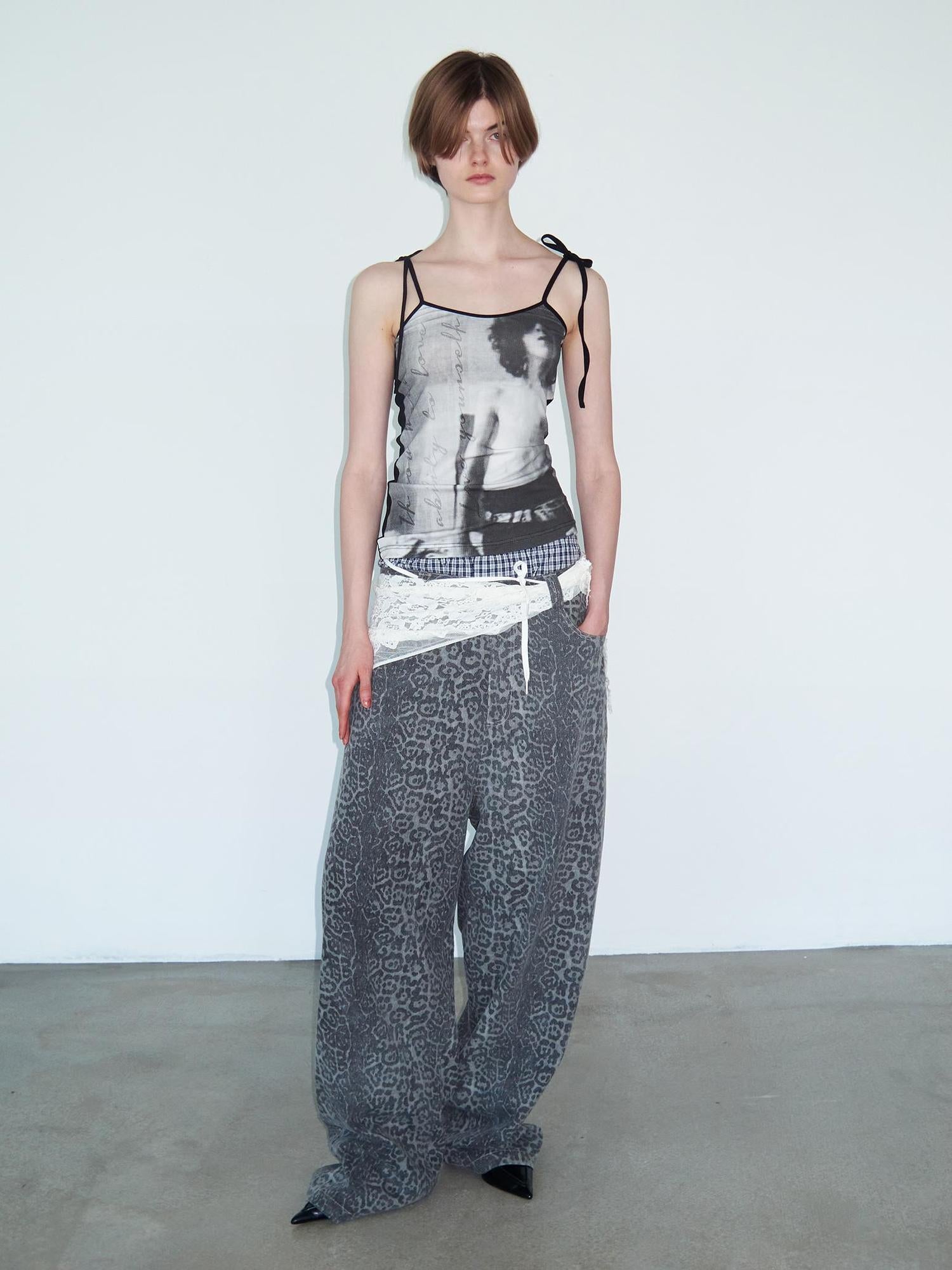 Delivery Distressed Washed Grey Leopard Print Baggy Denim Pants