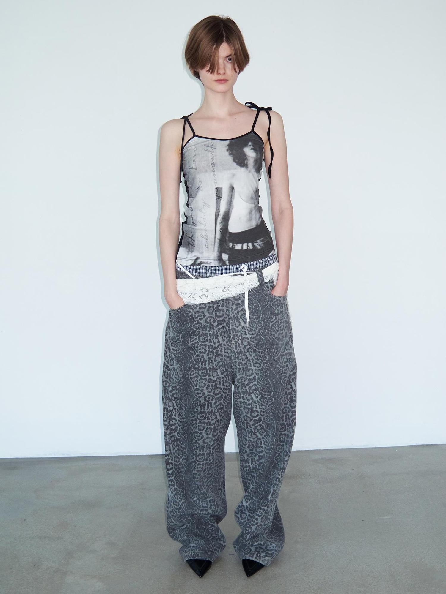 Delivery Distressed Washed Grey Leopard Print Baggy Denim Pants