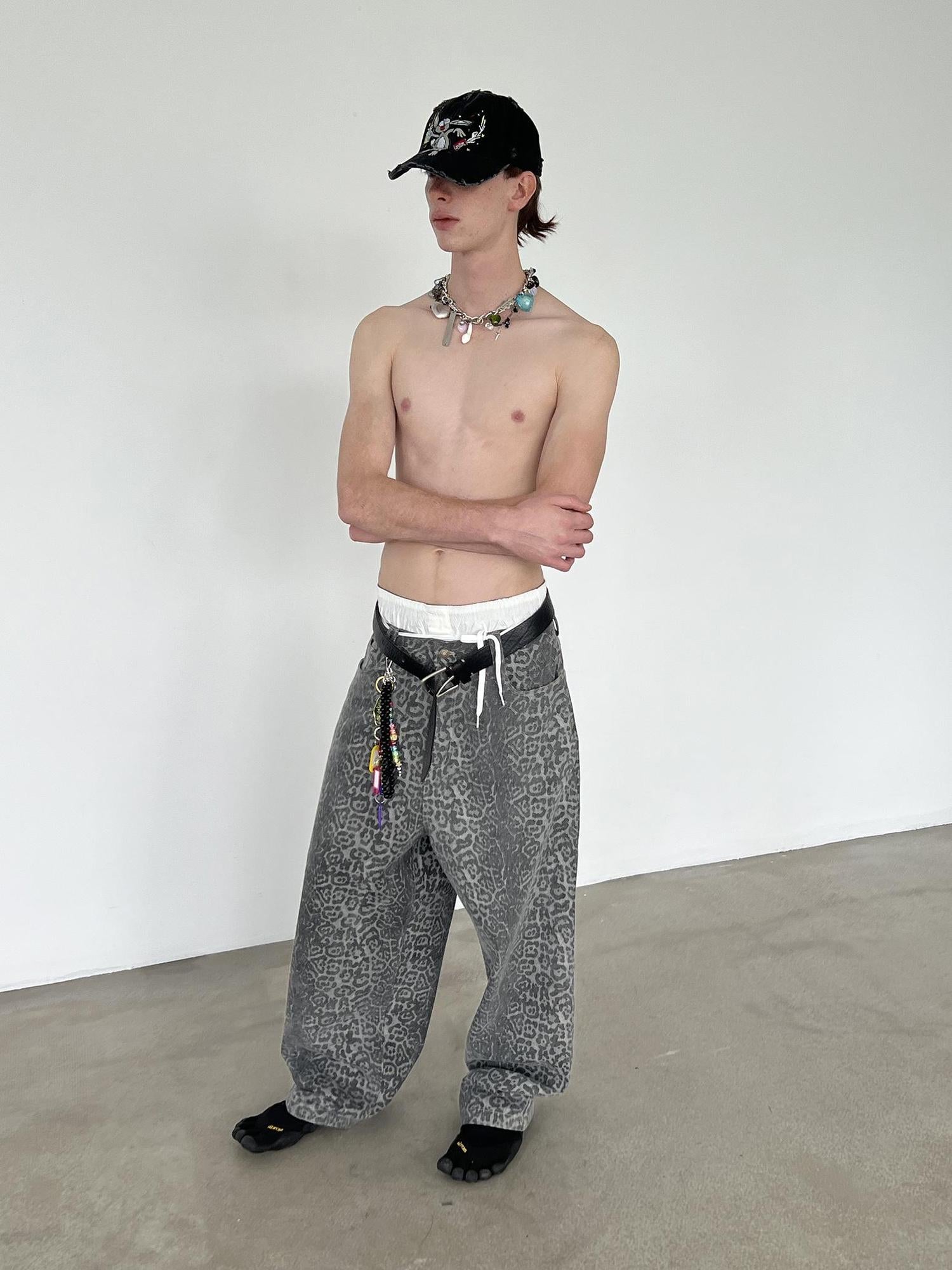 Delivery Distressed Washed Grey Leopard Print Baggy Denim Pants