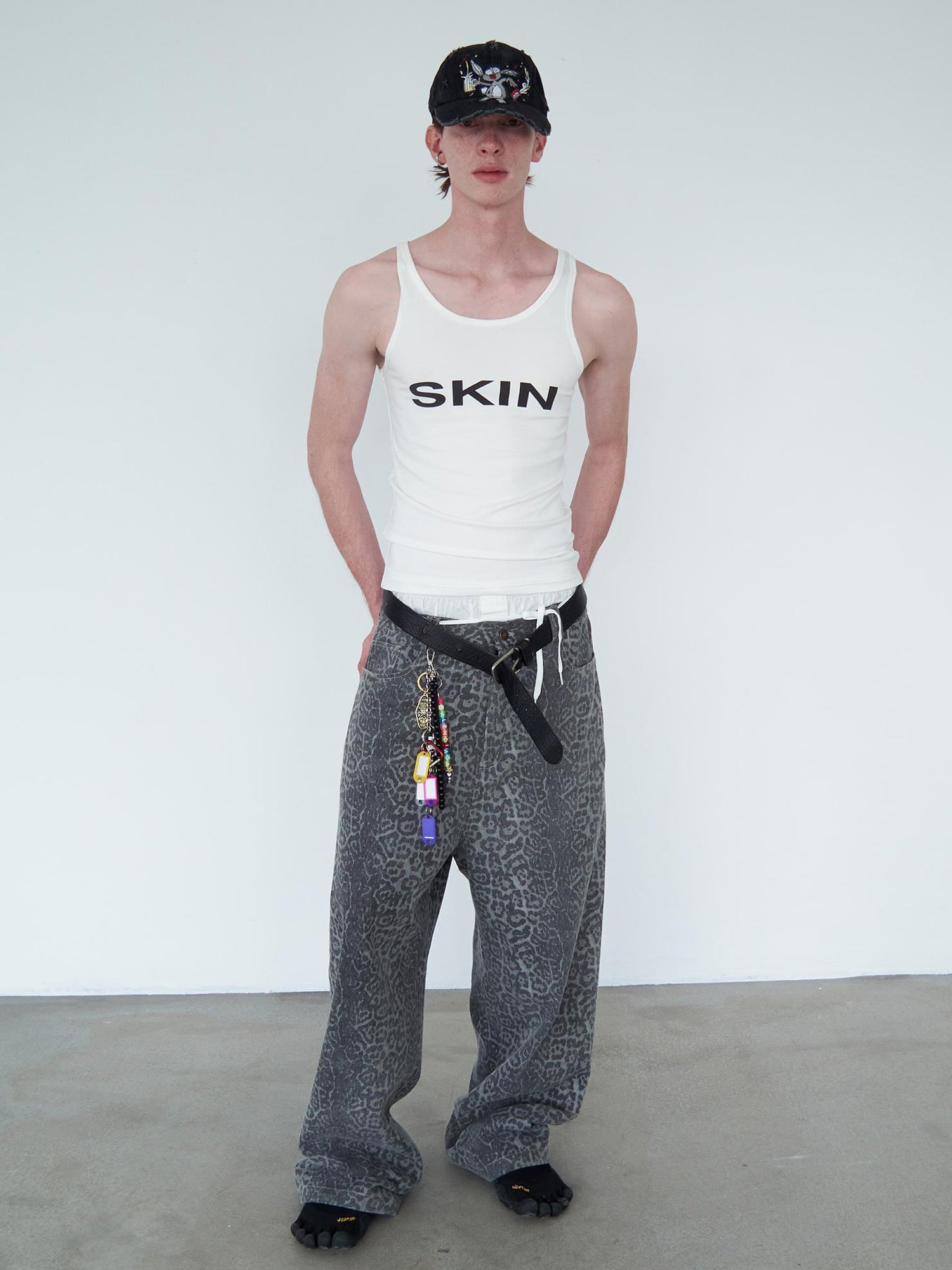 Delivery Distressed Washed Grey Leopard Print Baggy Denim Pants