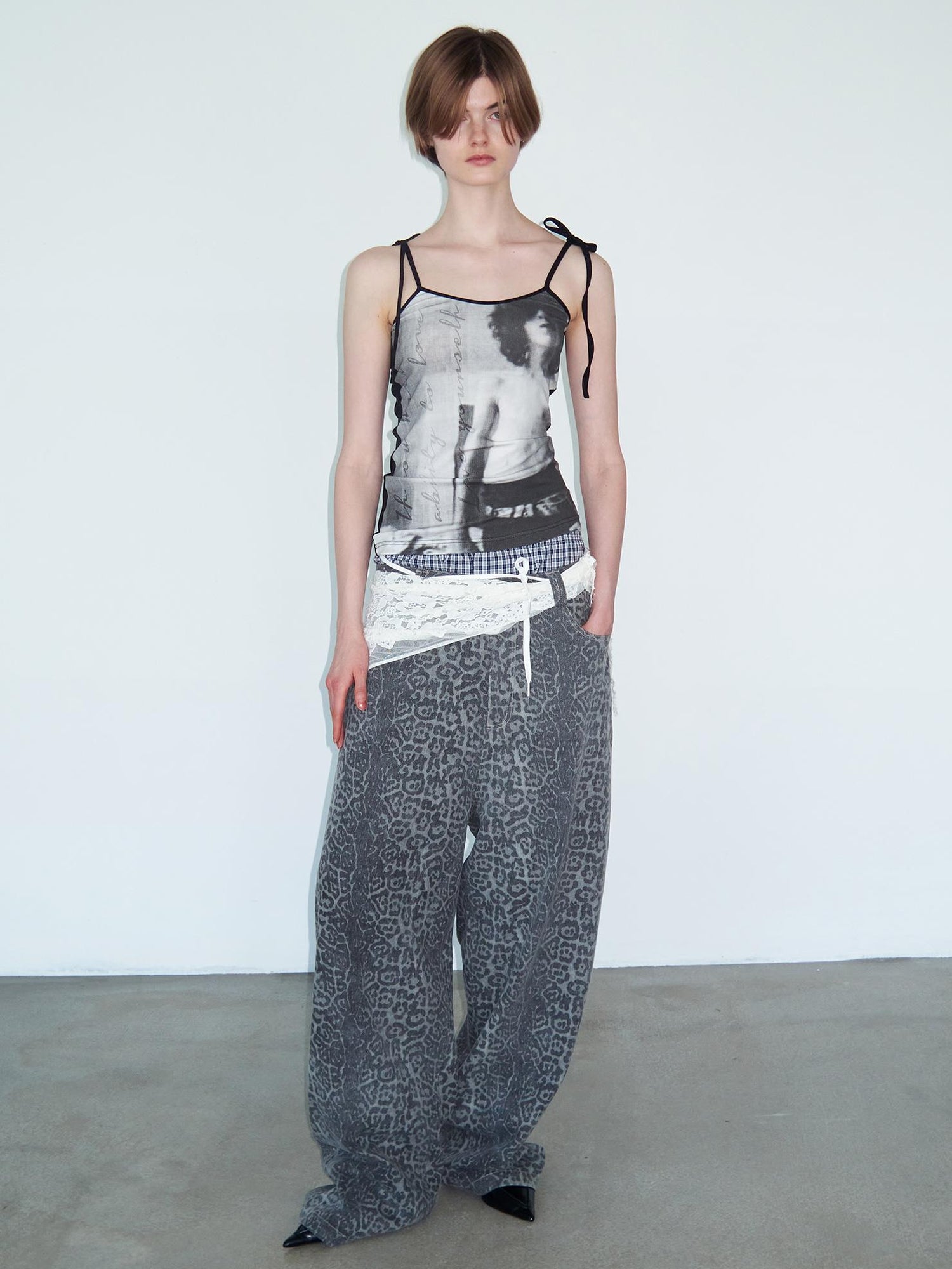 Delivery Distressed Washed Grey Leopard Print Baggy Denim Pants