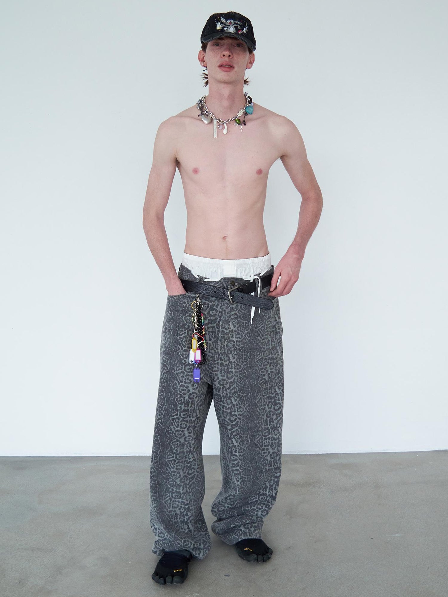 Delivery Distressed Washed Grey Leopard Print Baggy Denim Pants