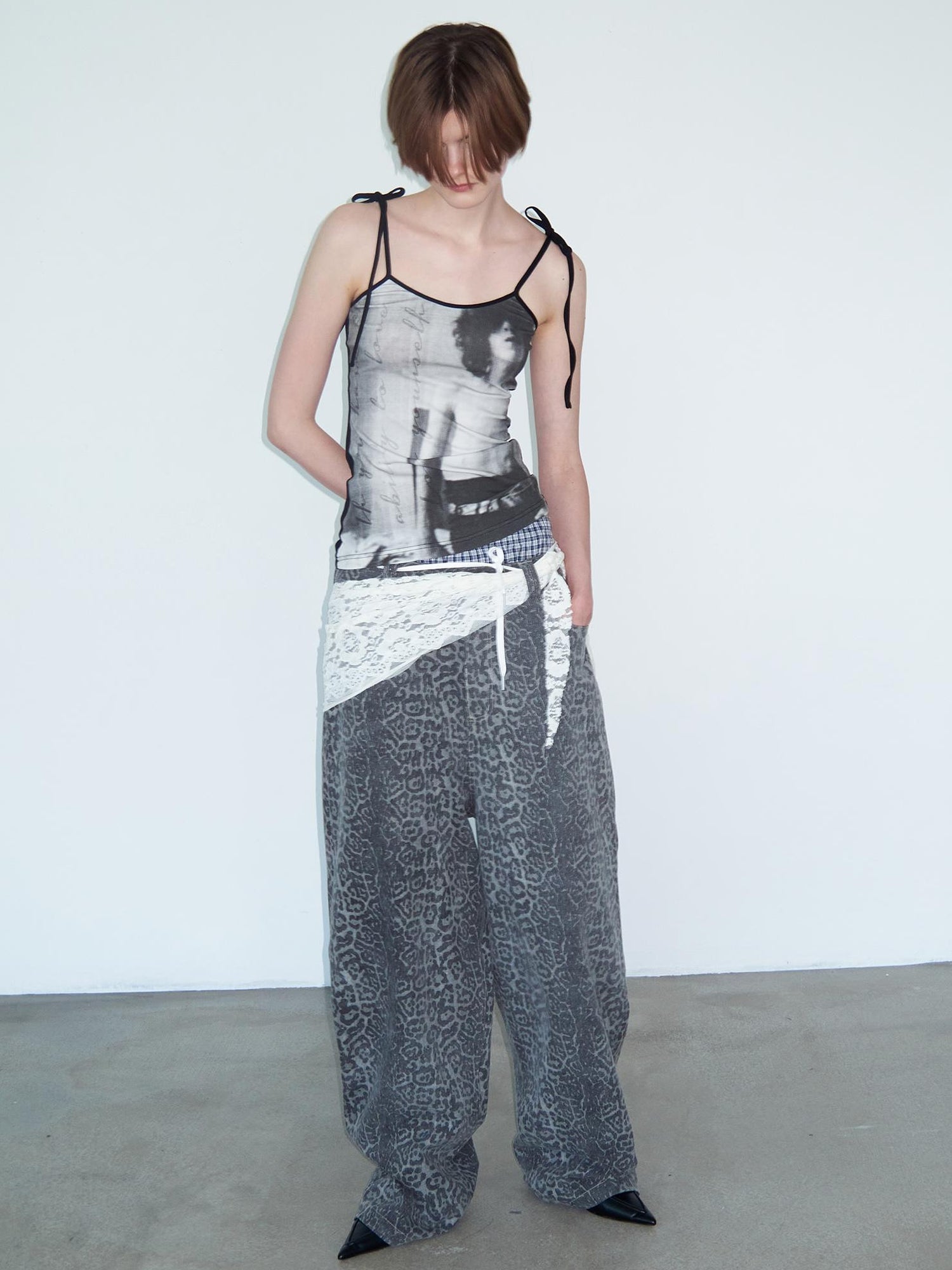 Delivery Distressed Washed Grey Leopard Print Baggy Denim Pants