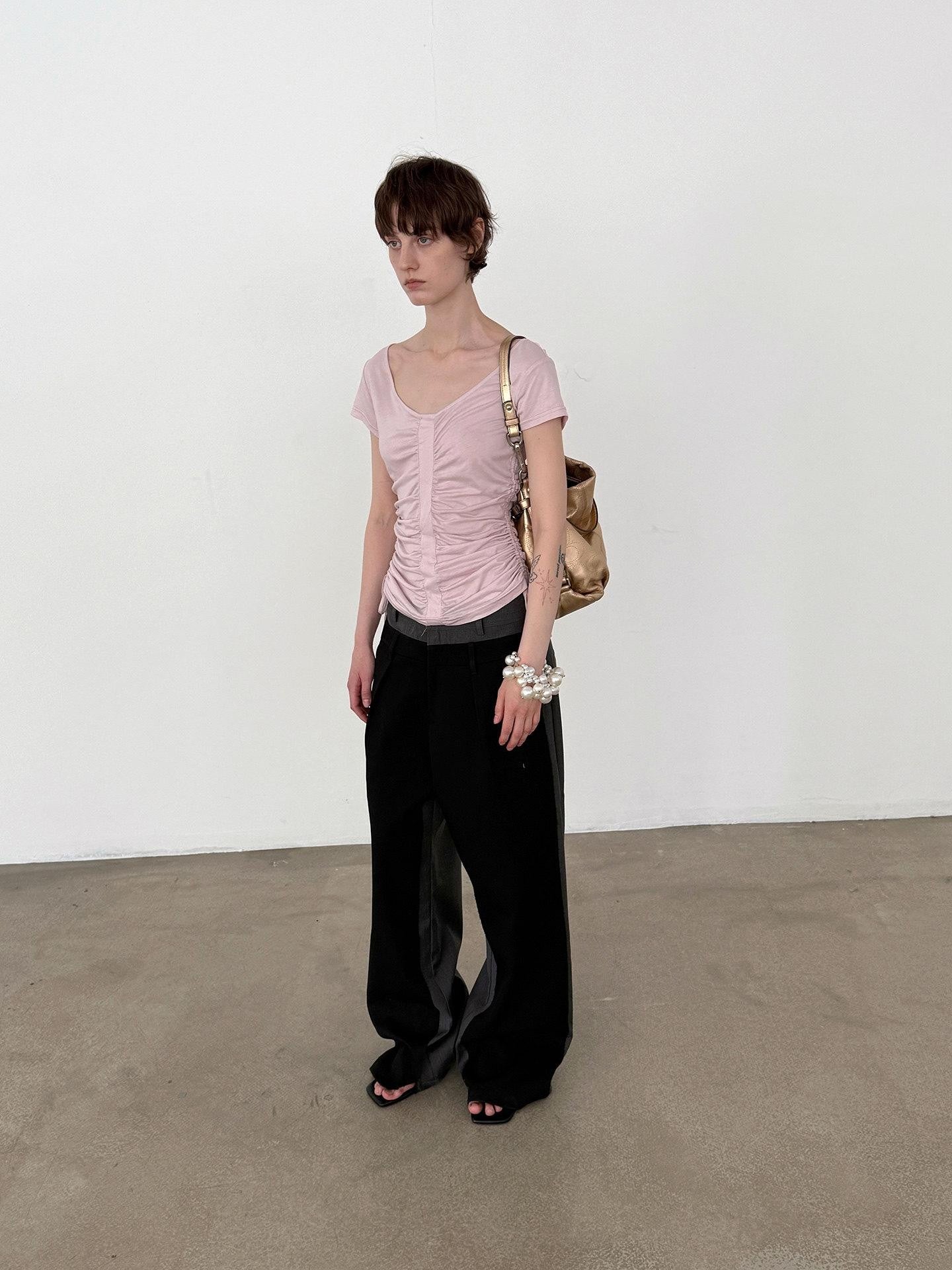 Delivery Dusty Pink Ruched Spliced Wide Neck Women&