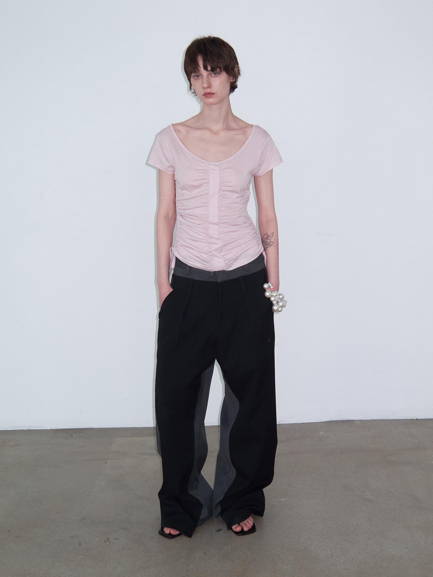 Delivery Dusty Pink Ruched Spliced Wide Neck Women&