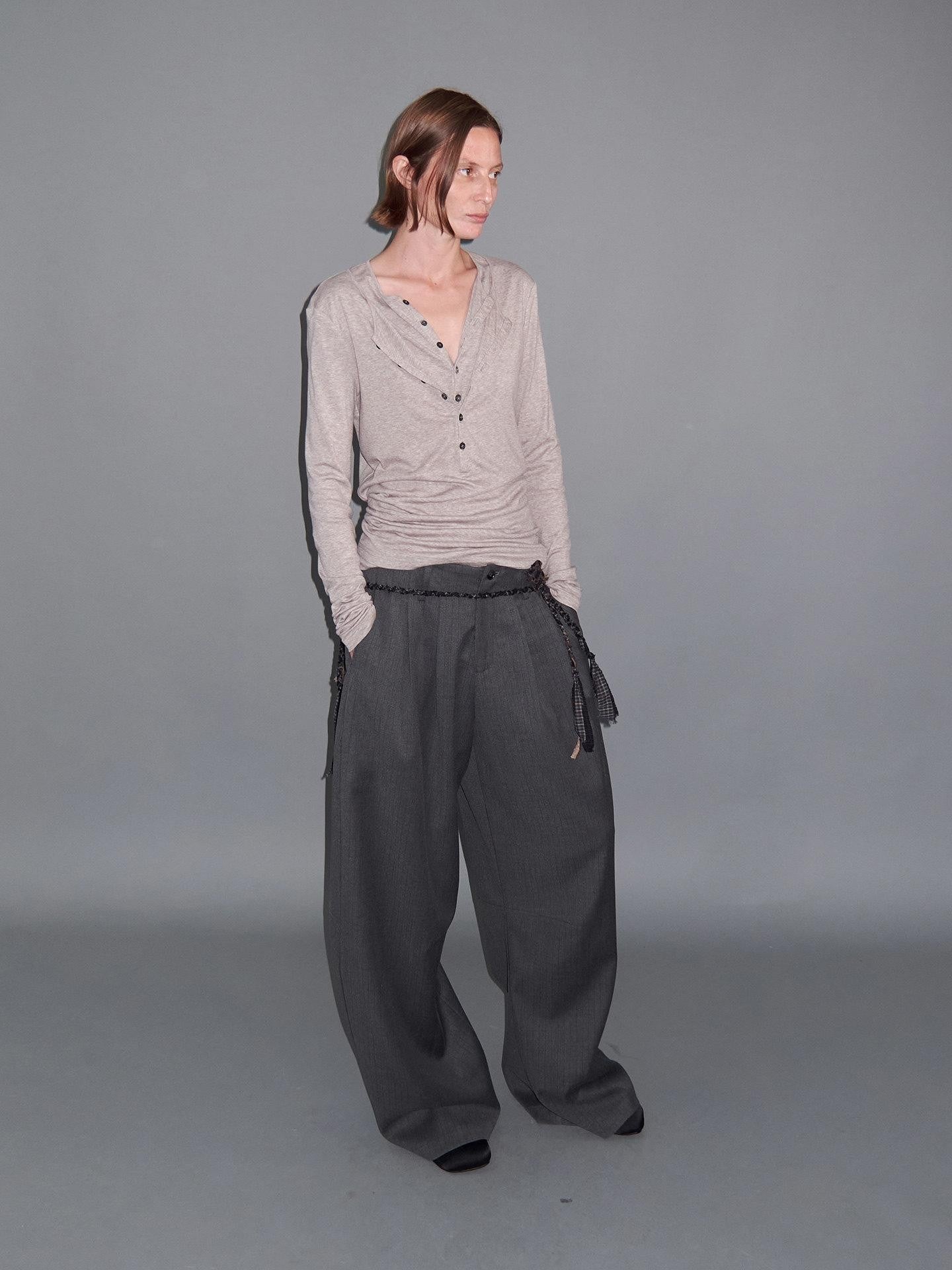 Delivery Faux Layer Henley Collar Women&