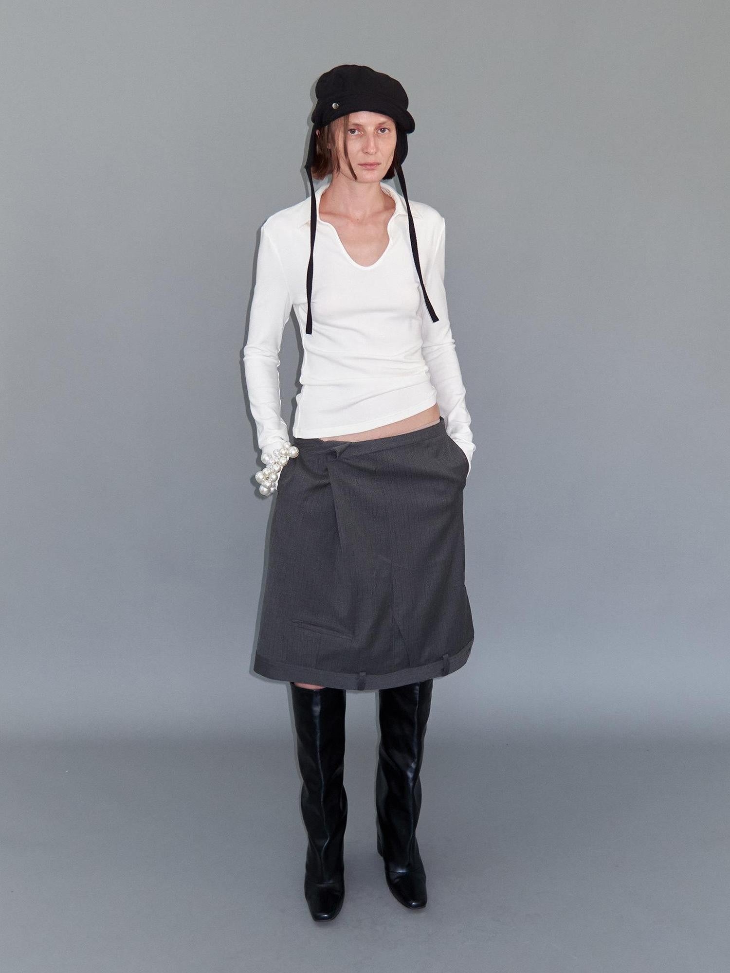 Delivery Gray Asymmetric Foldover Inverted Waist Pleated Women&