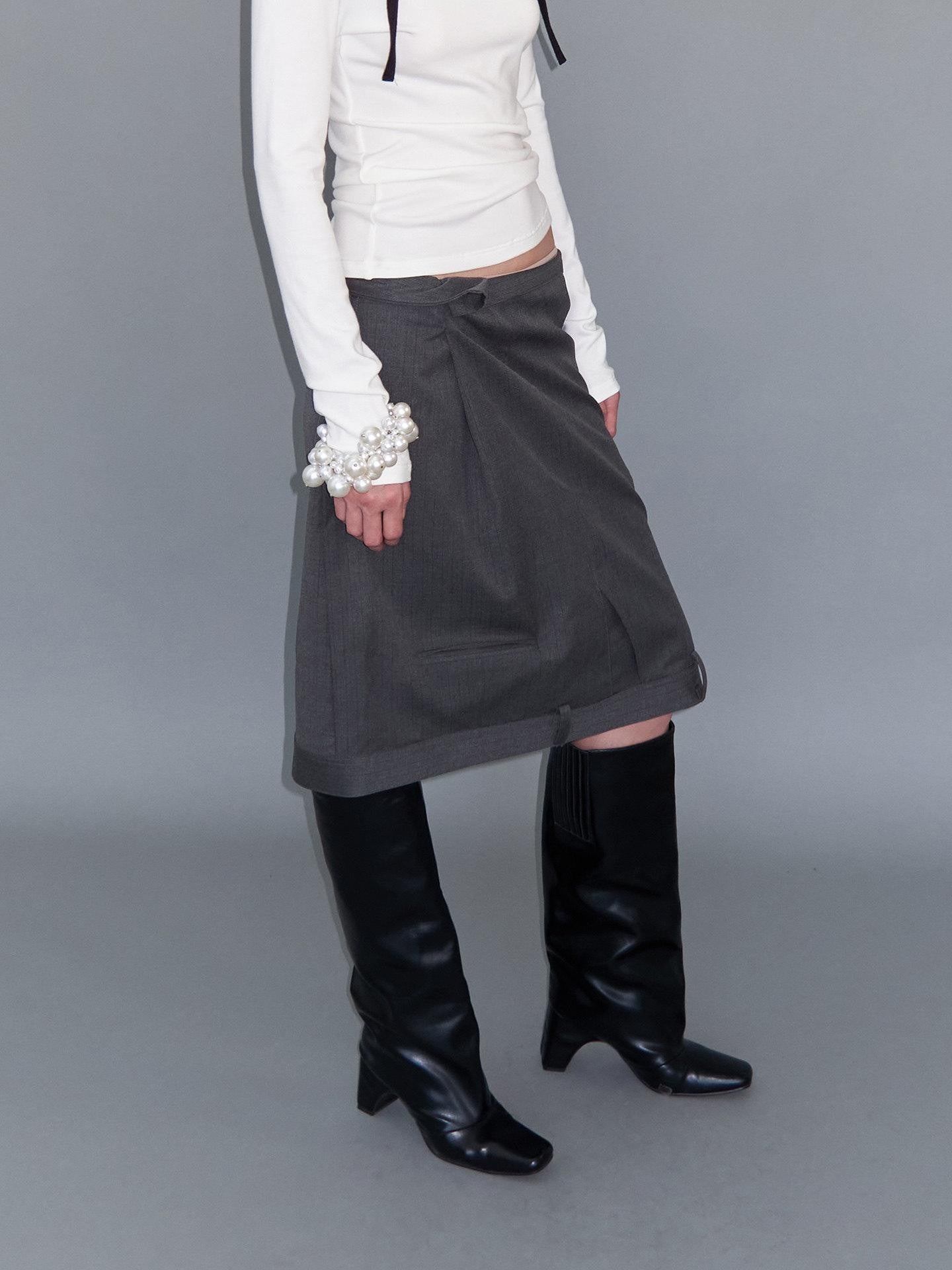 Delivery Gray Asymmetric Foldover Inverted Waist Pleated Women&