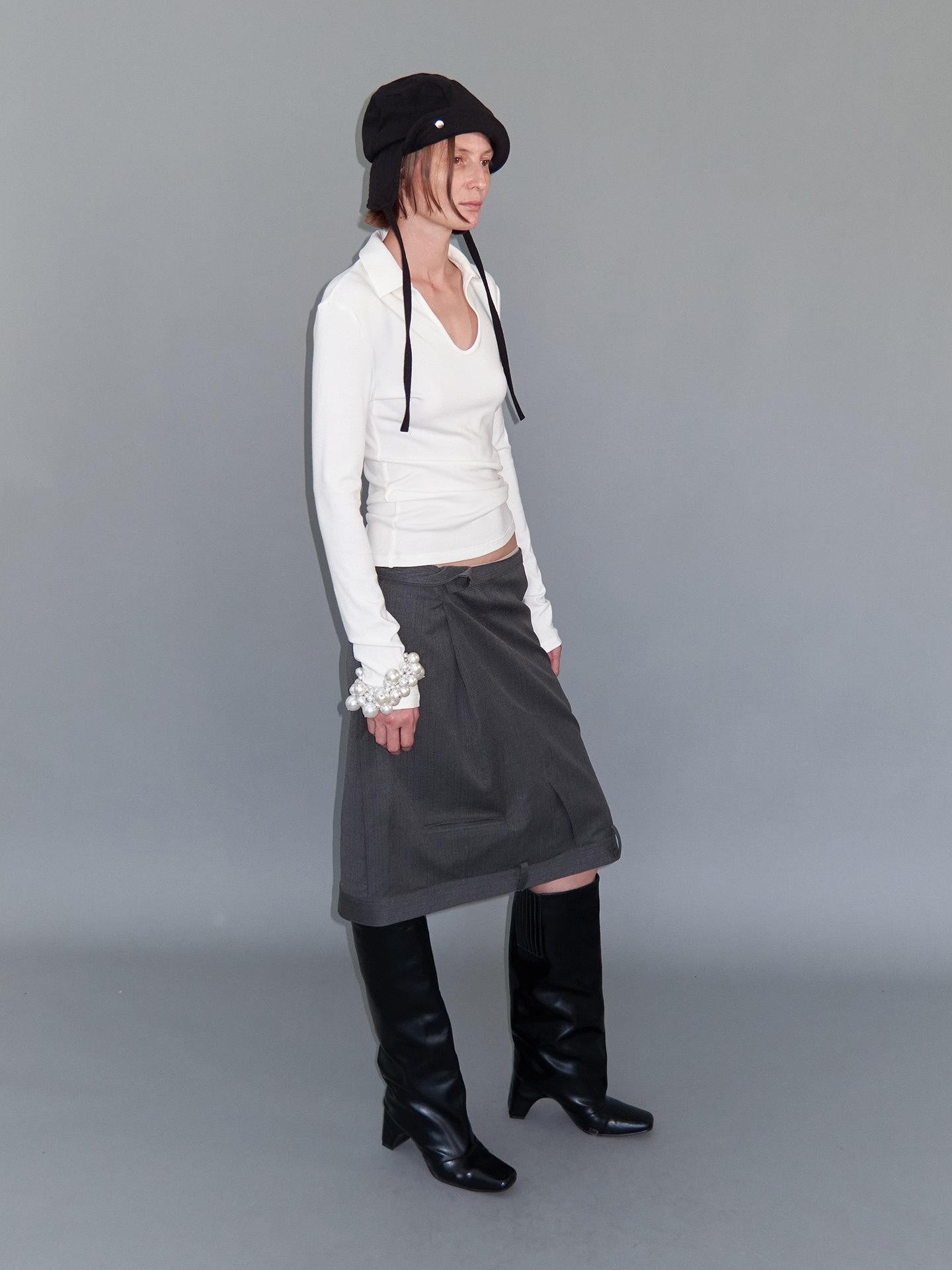 Delivery Gray Asymmetric Foldover Inverted Waist Pleated Women&