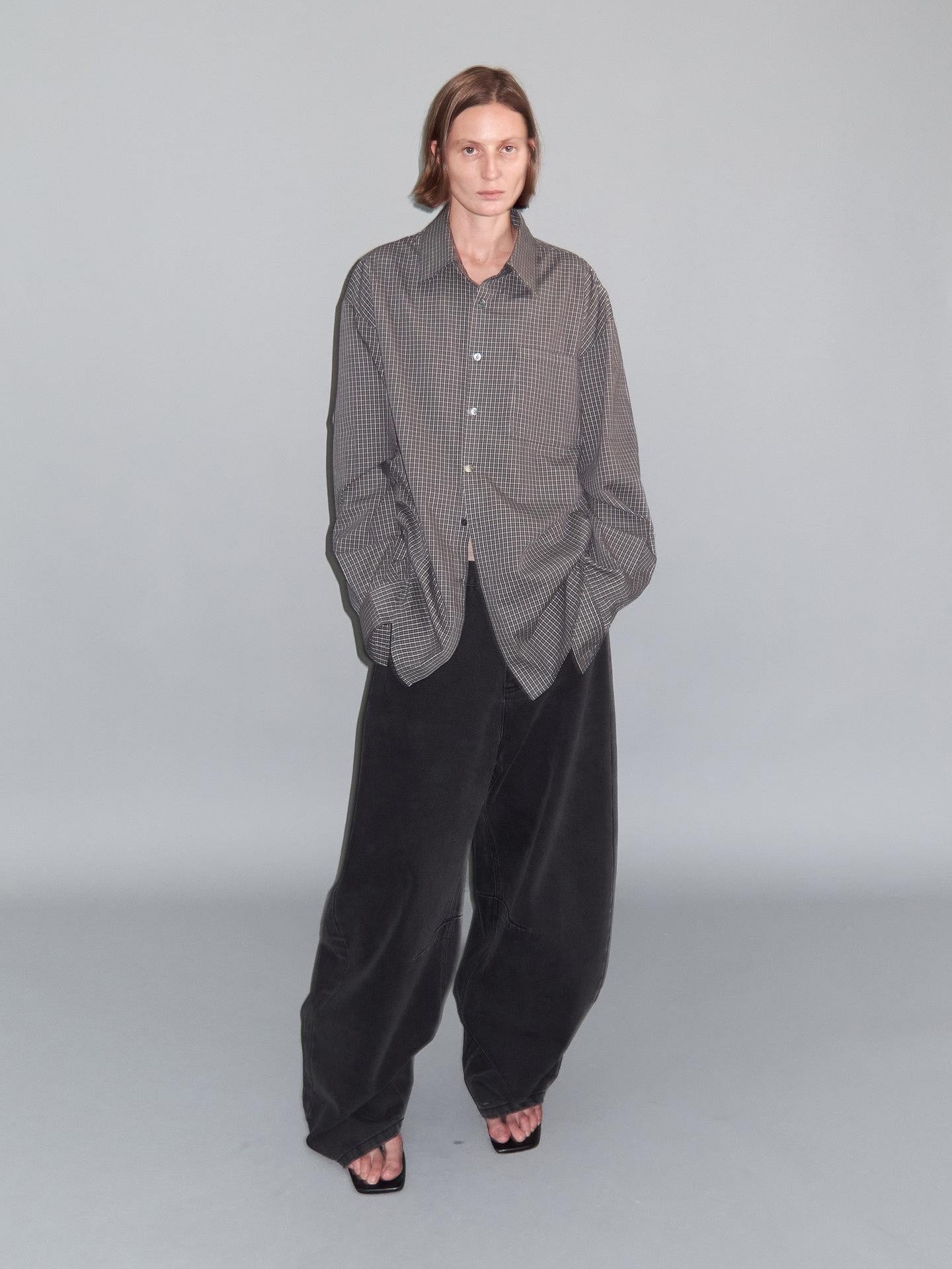 Delivery Gray Fine Check Turn Down Collar Long Sleeve Loose Fit Women&
