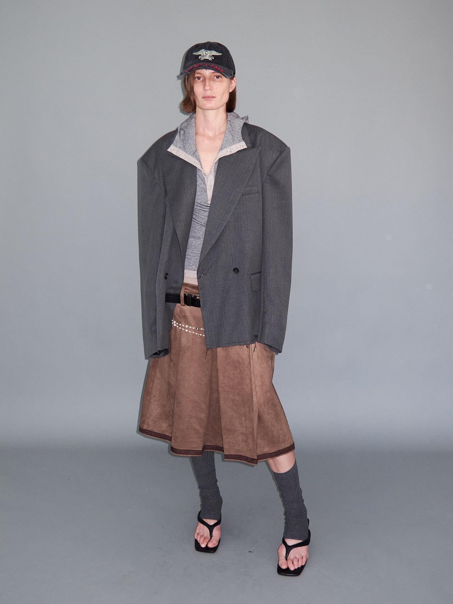 Delivery Gray Pinstripe Frayed Hem Notch Lapel Double Breasted Women&