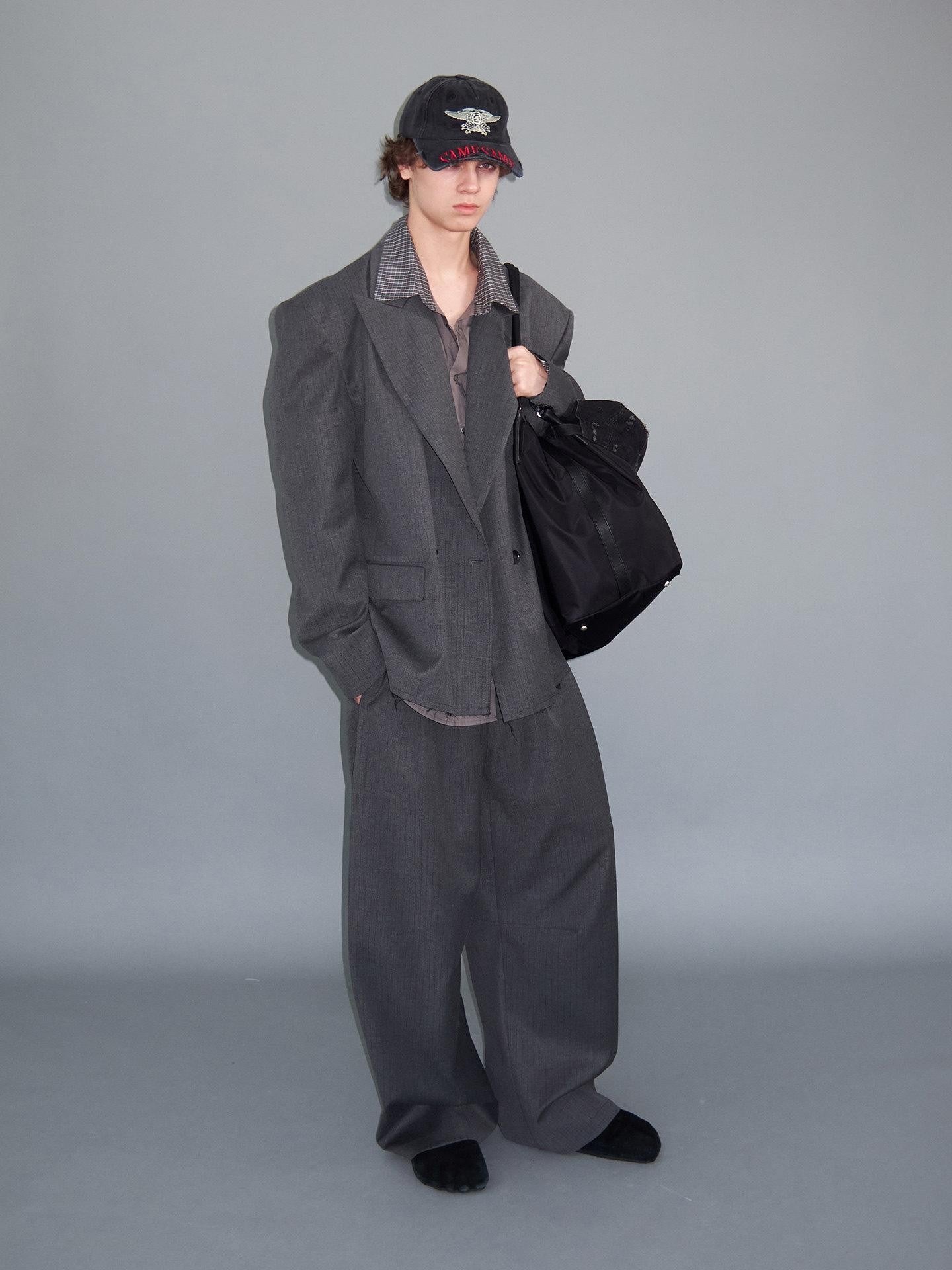 Delivery Gray Pinstripe Frayed Hem Notch Lapel Double Breasted Women&