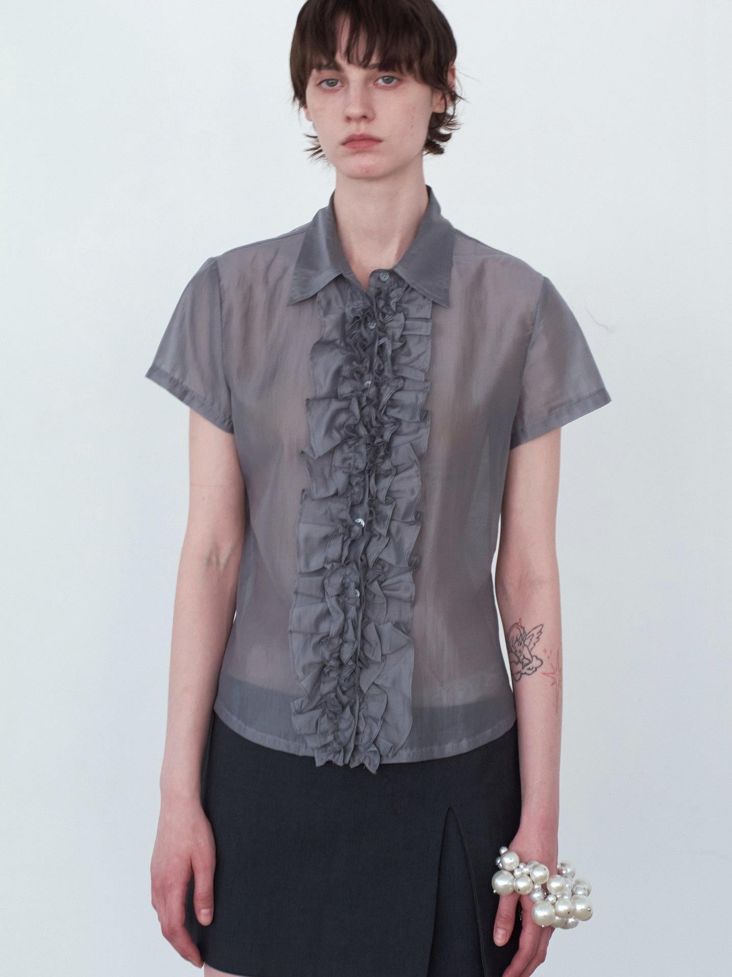 Delivery Gray Pleated Lace Trim Short Sleeve Collared Women&