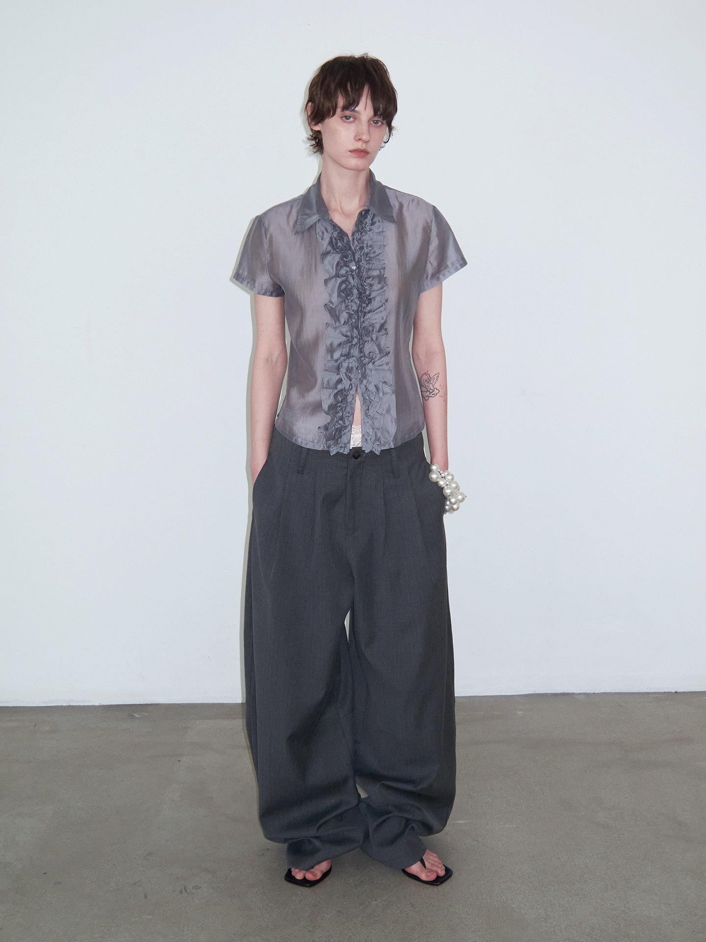 Delivery Gray Pleated Lace Trim Short Sleeve Collared Women&