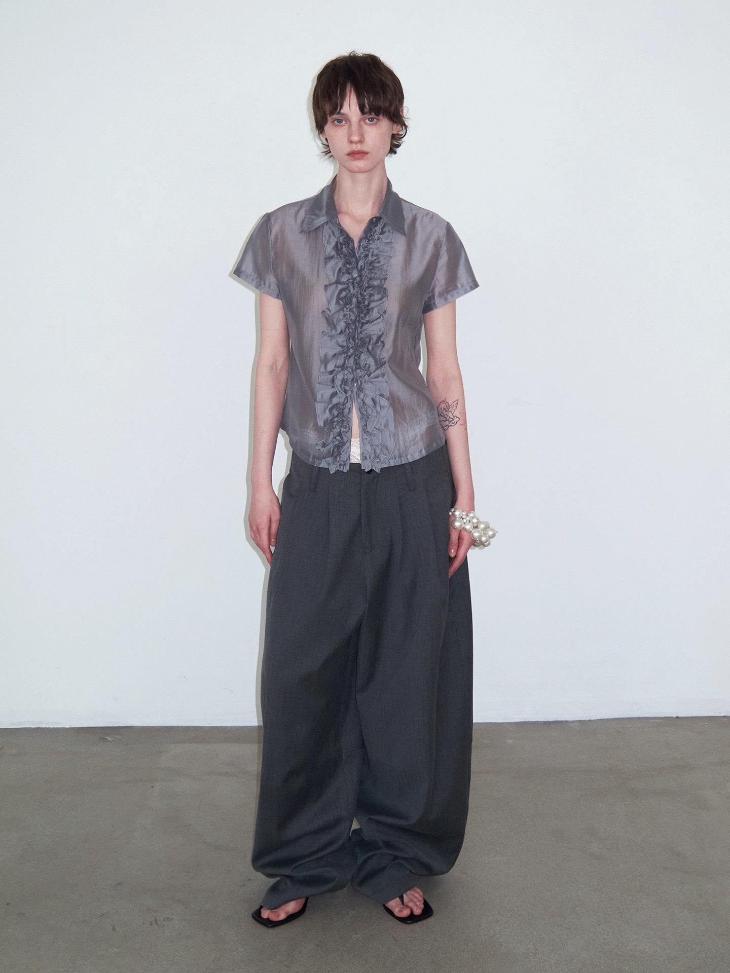 Delivery Gray Pleated Lace Trim Short Sleeve Collared Women&