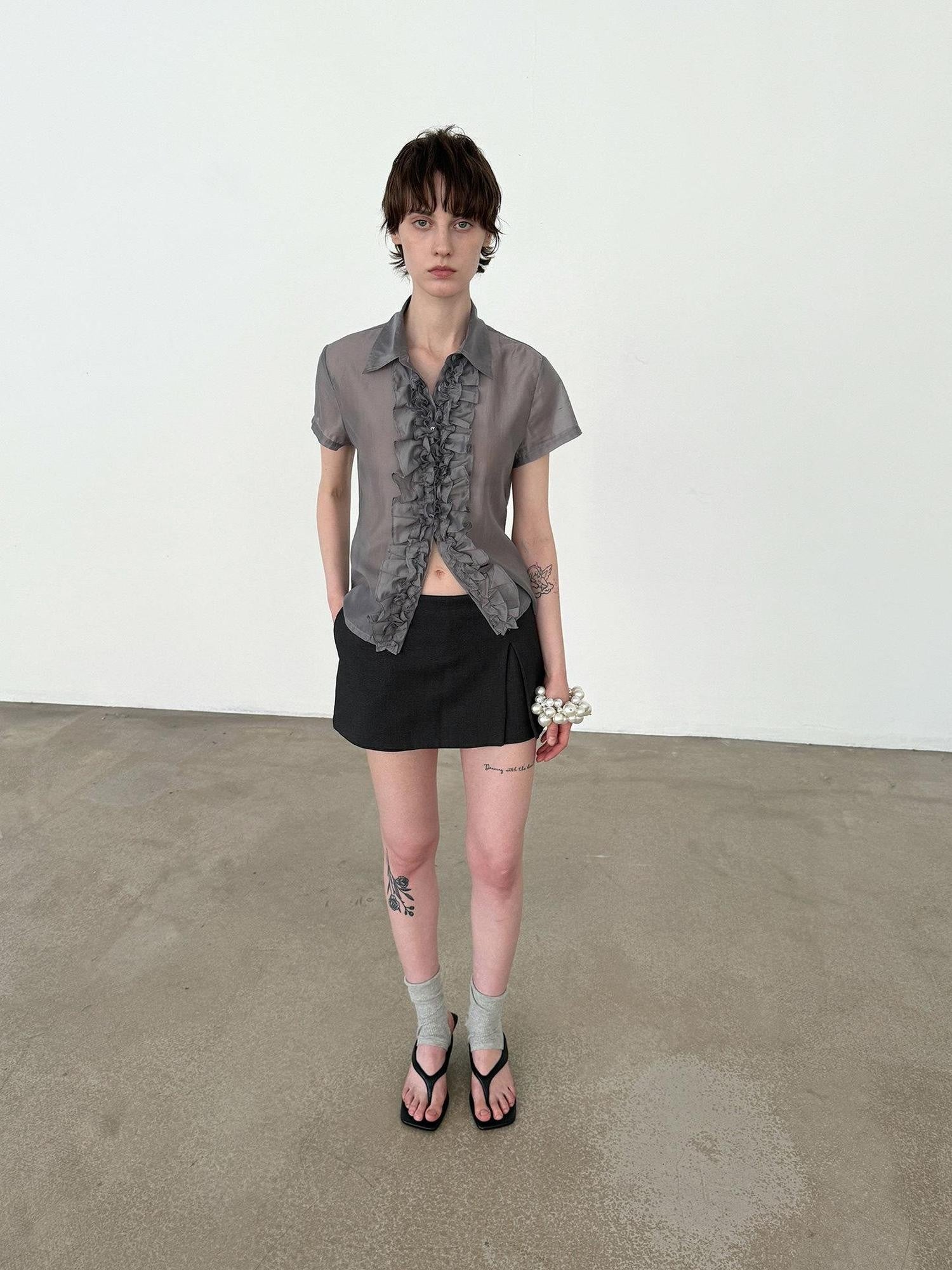 Delivery Gray Pleated Lace Trim Short Sleeve Collared Women&
