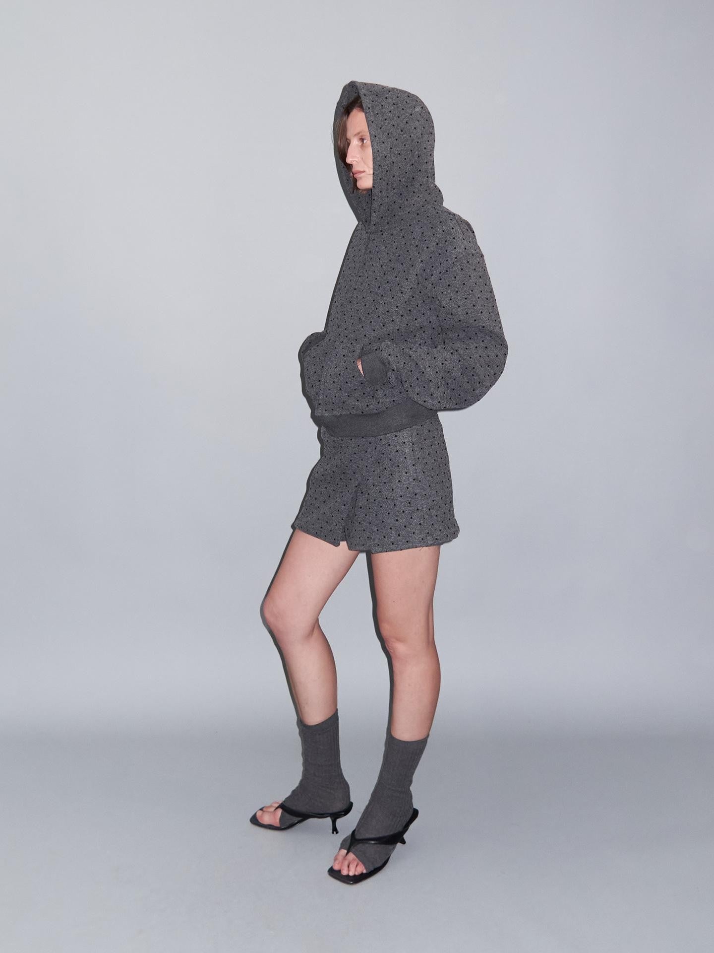 Delivery Gray Polka Dot Hooded Zip Short Fleece Wool Women&