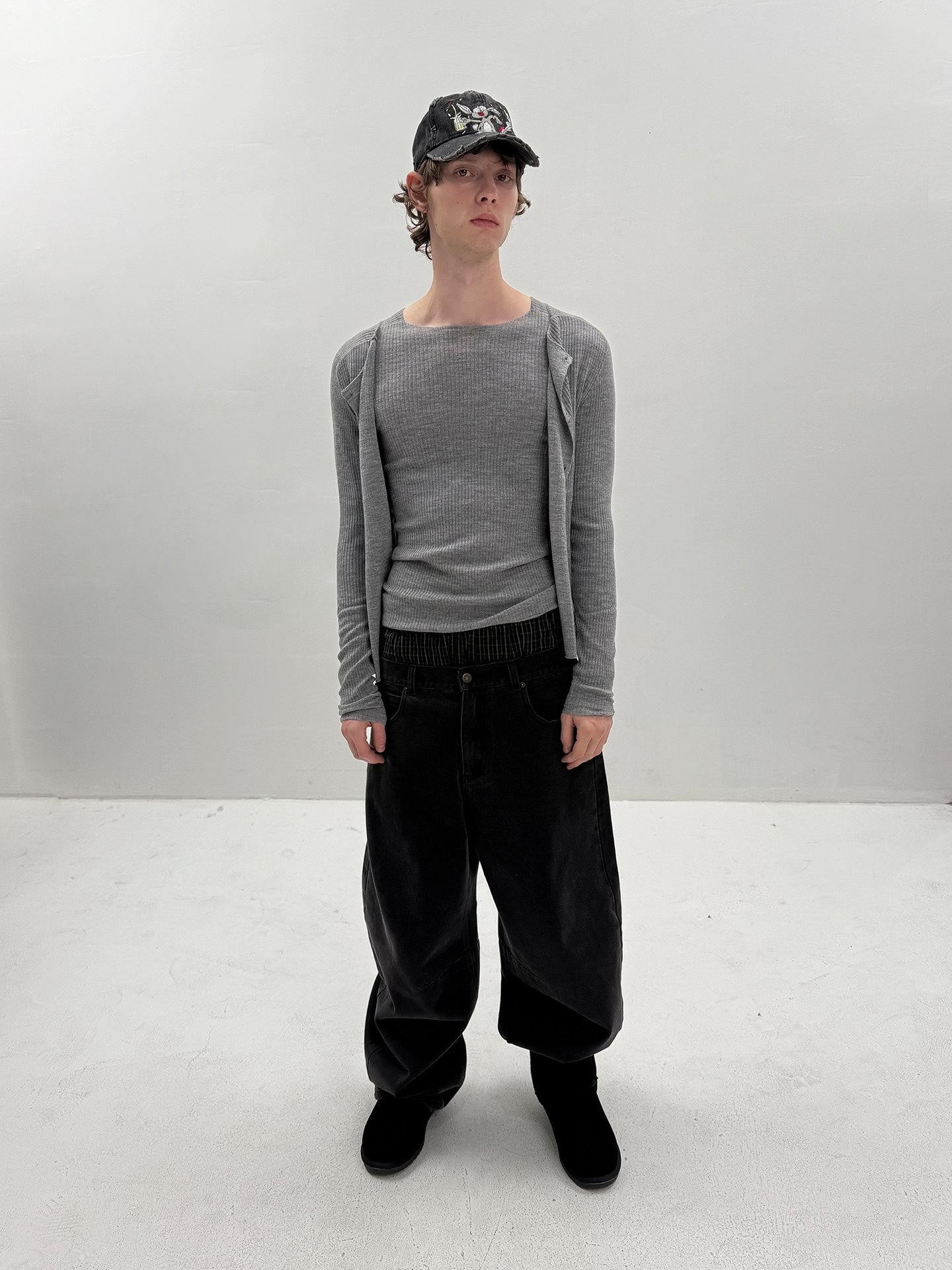 Delivery Gray Ribbed Slim Button Layered Two Piece Round Neck Women&
