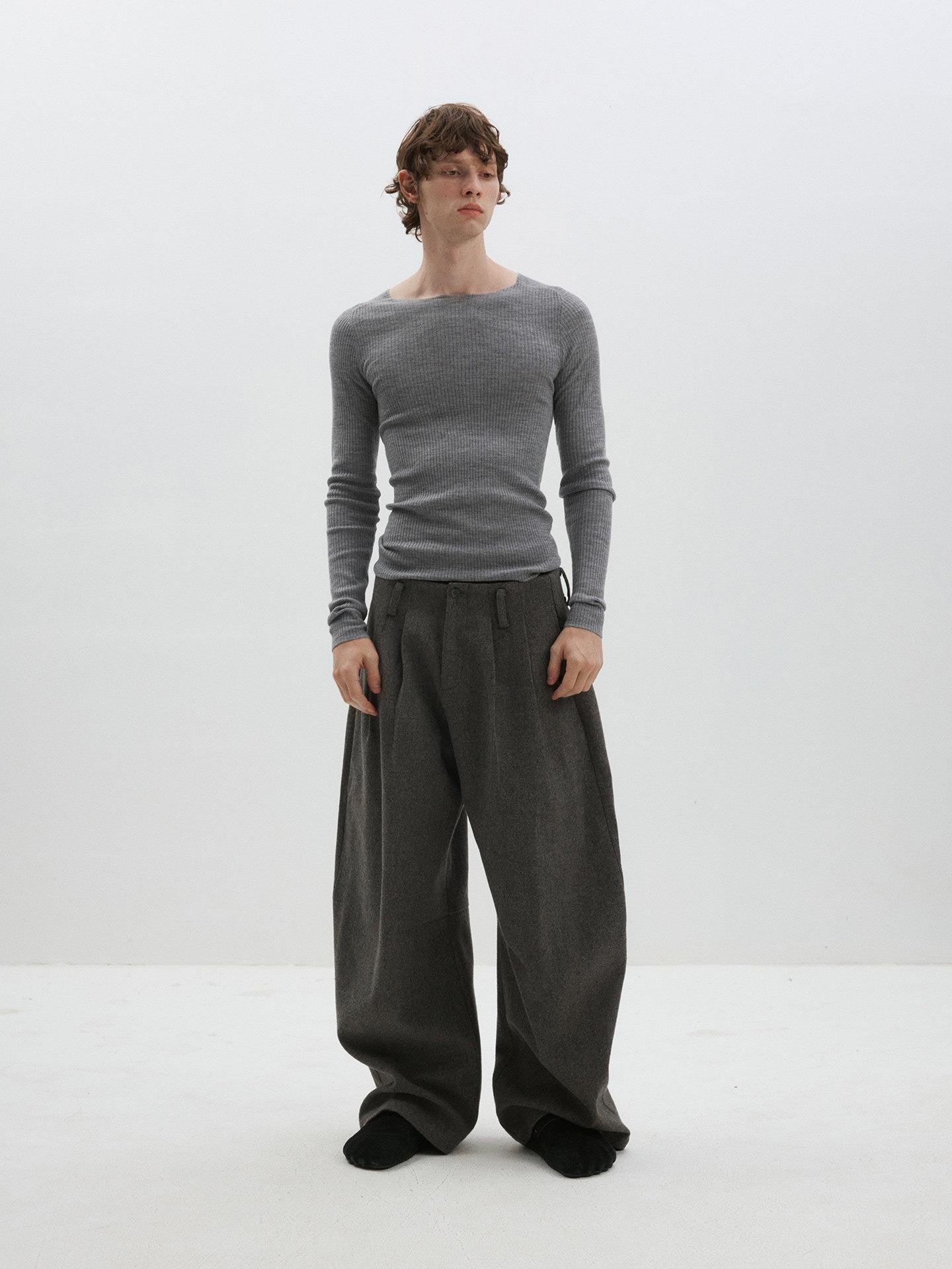 Delivery Gray Ribbed Slim Button Layered Two Piece Round Neck Women&