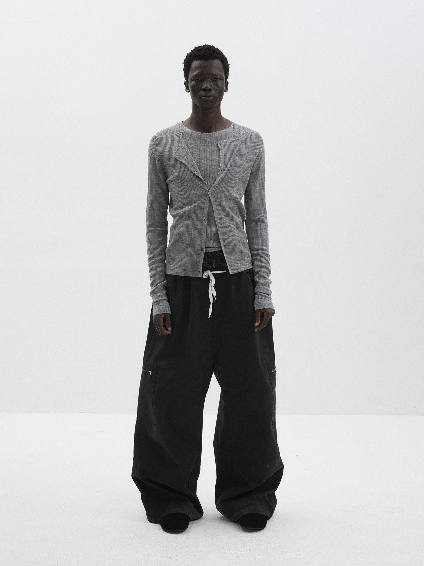 Delivery Gray Ribbed Slim Button Layered Two Piece Round Neck Women&