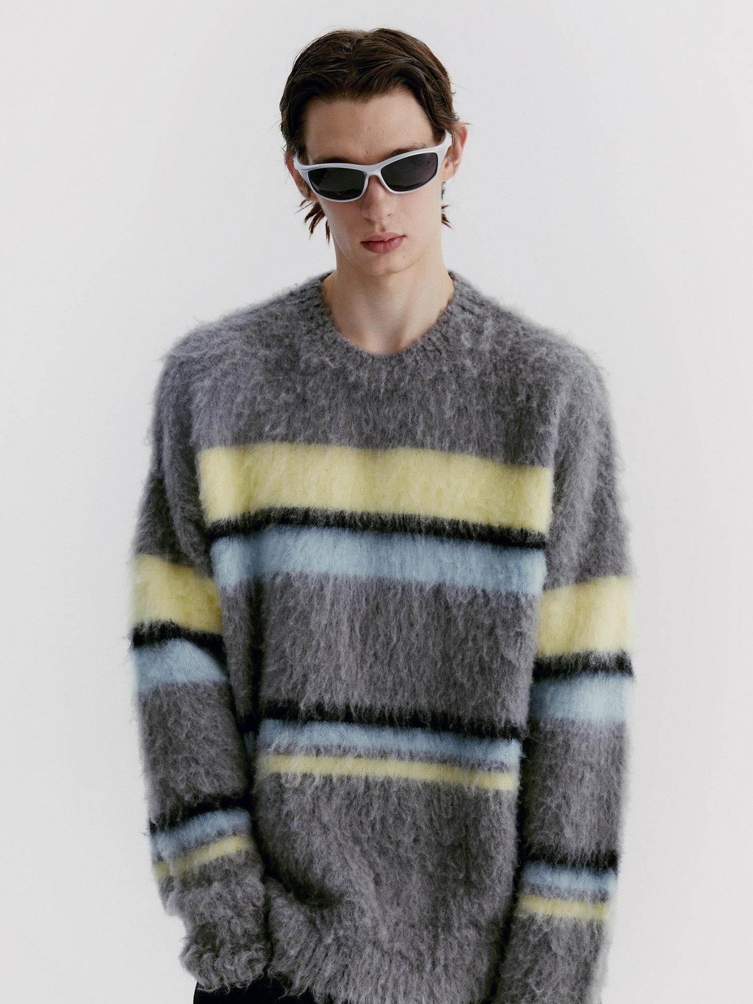 Delivery Gray Yellow Blue Striped Crewneck Brushed Mohair Women&