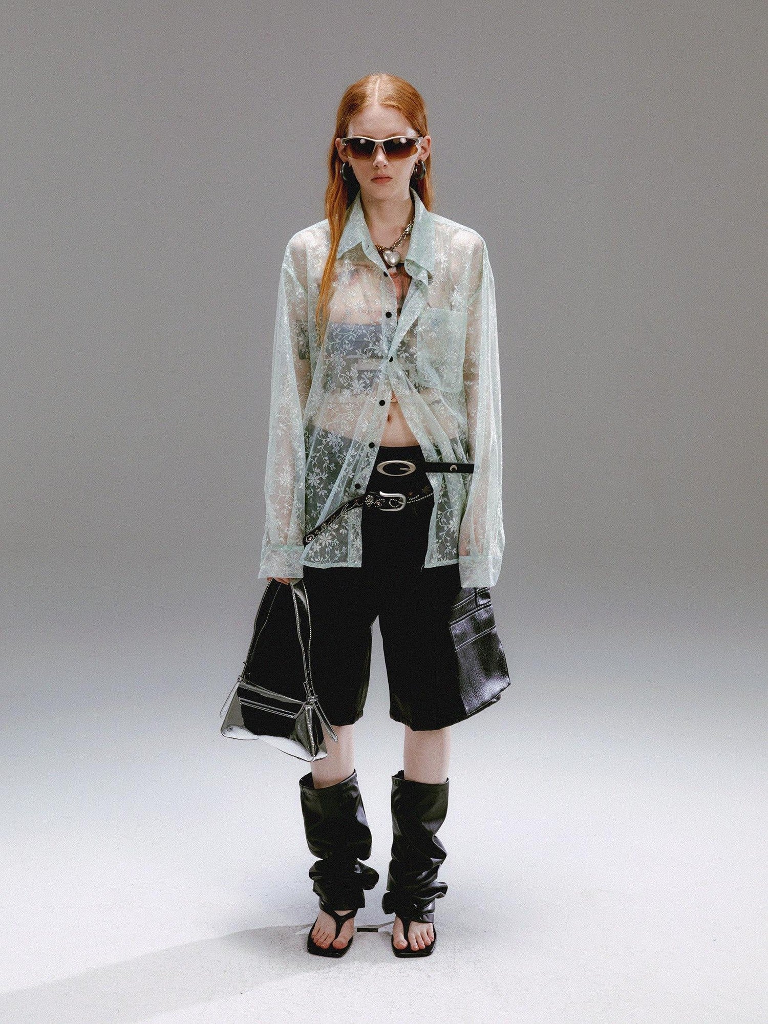 Delivery Green Floral Silver Thread Point Collar Sheer Loose Women&